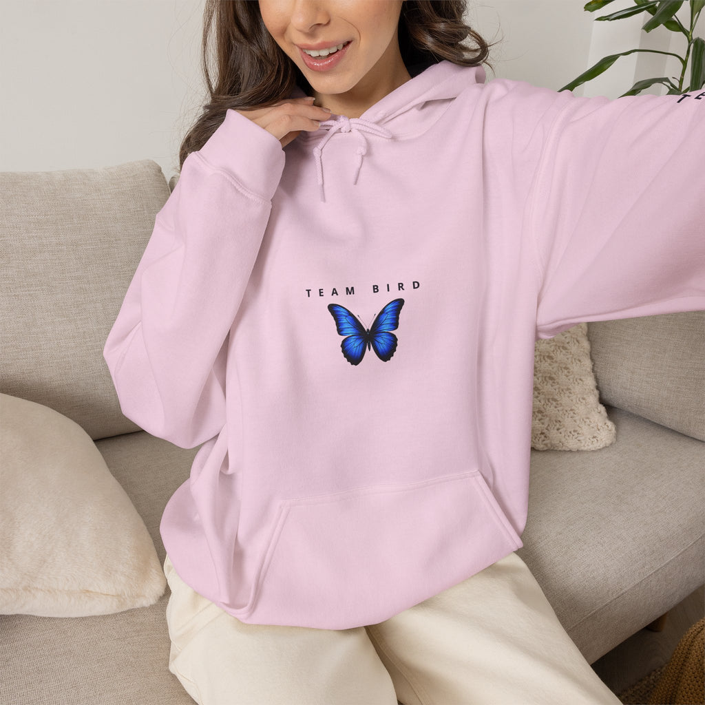 Butterfly Hoodie — "Team Bird" Blue Butterfly Graphic Hooded Sweatshirt
