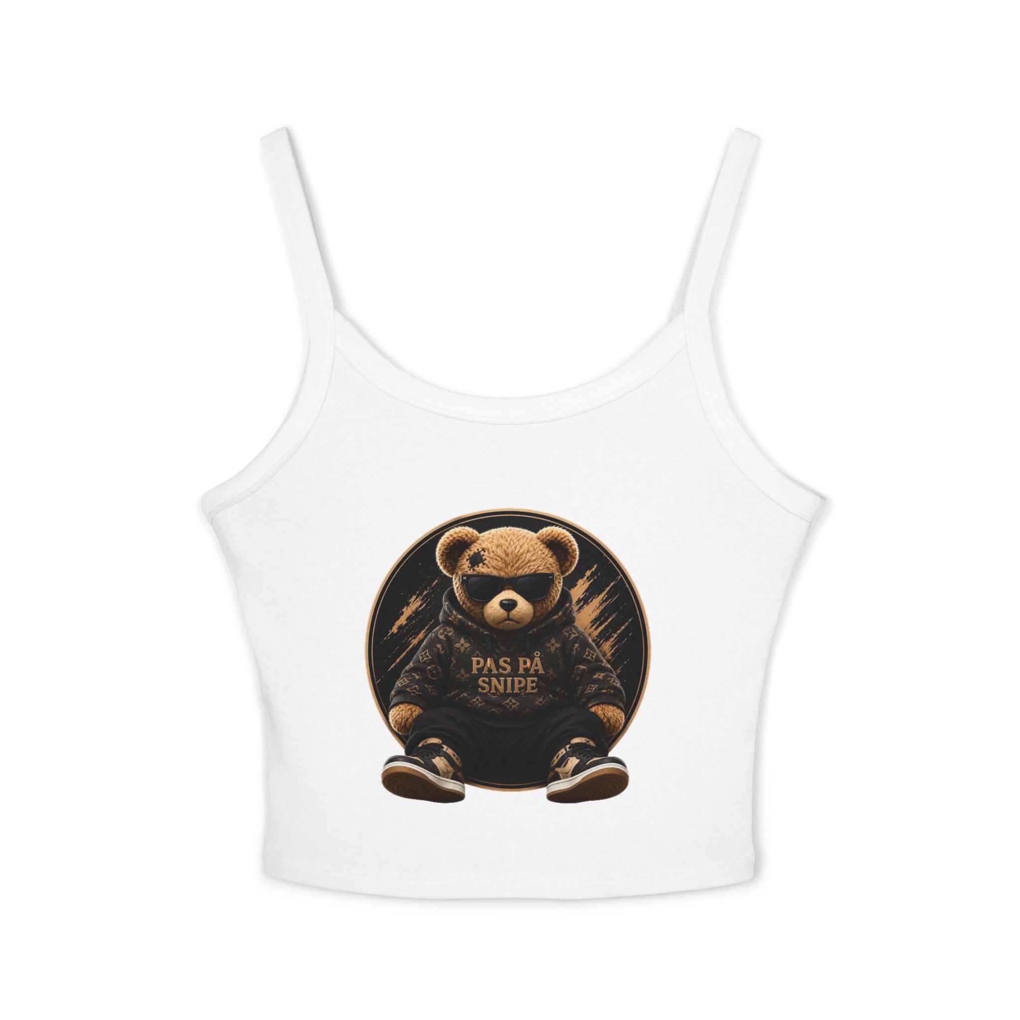 Teddy Bear Graphic Tank Top — "Pas På Snipe" Cute Vintage Bear Crop Top