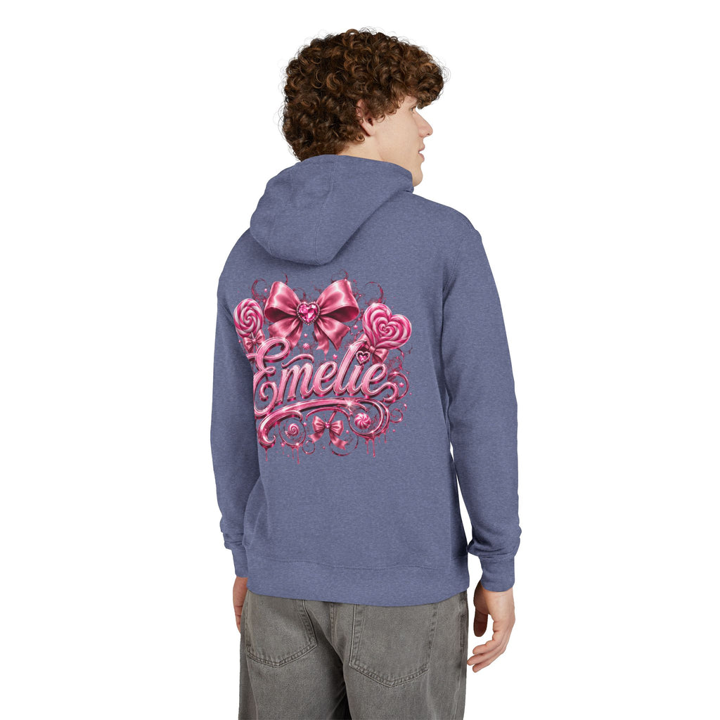 Name Personalized Hoodie — Pink Ribbon Candy Script Back Design