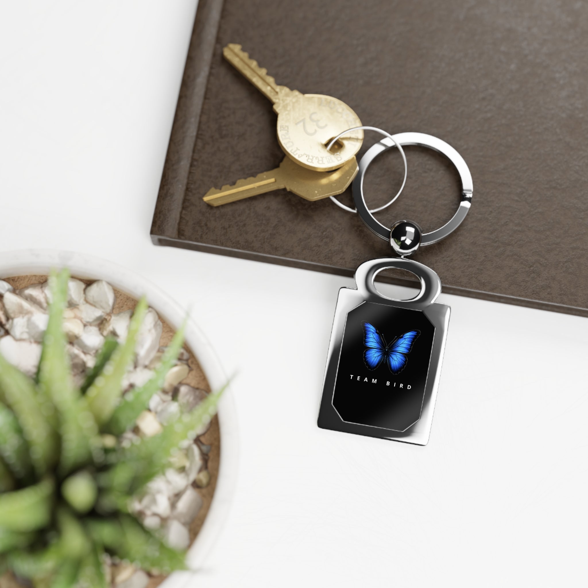 Rectangle Photo Keyring — Blue Butterfly 'Team Bird' Metal Keychain