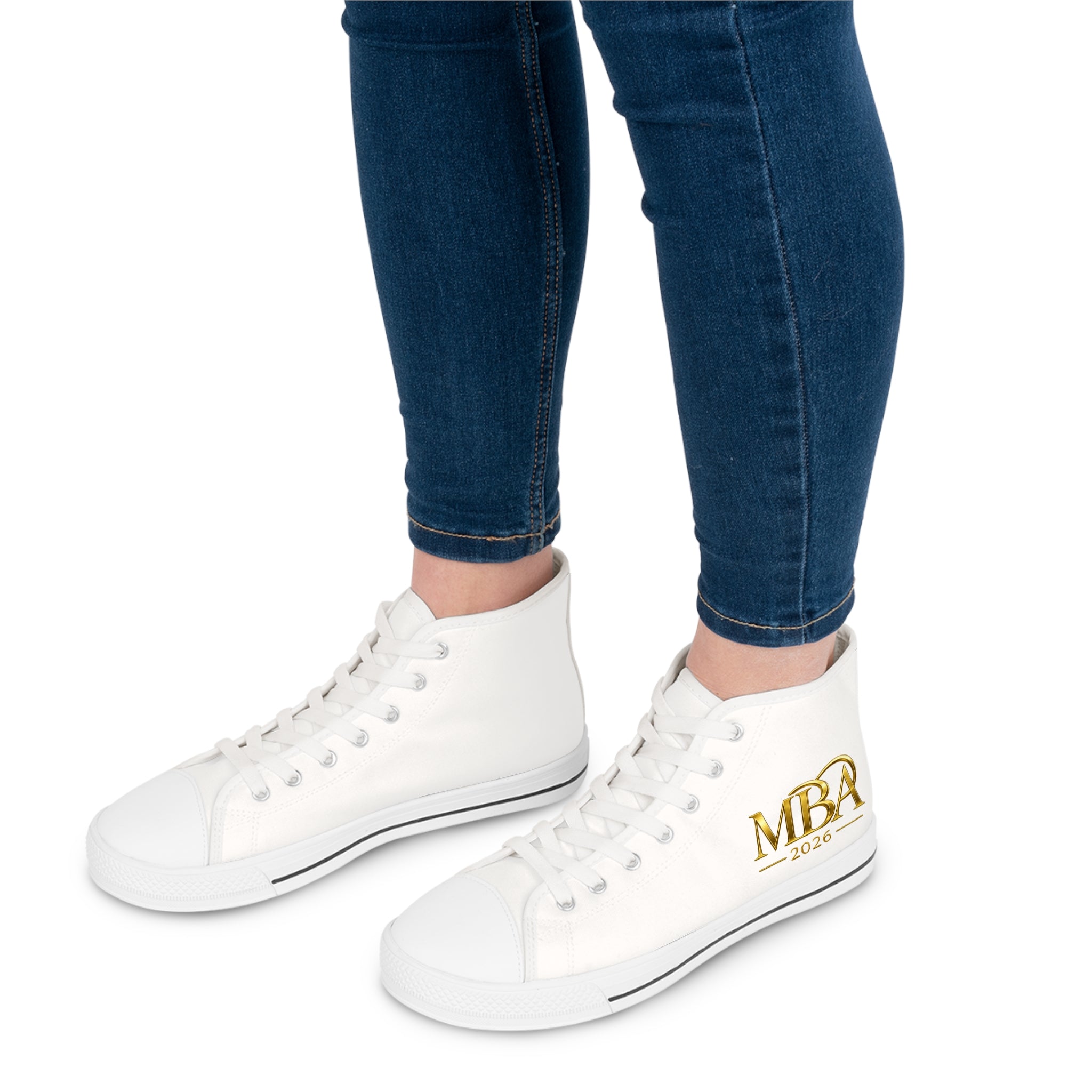 Women's High Top Sneakers — White Canvas Casual Trainers with Gold Monogram Accent