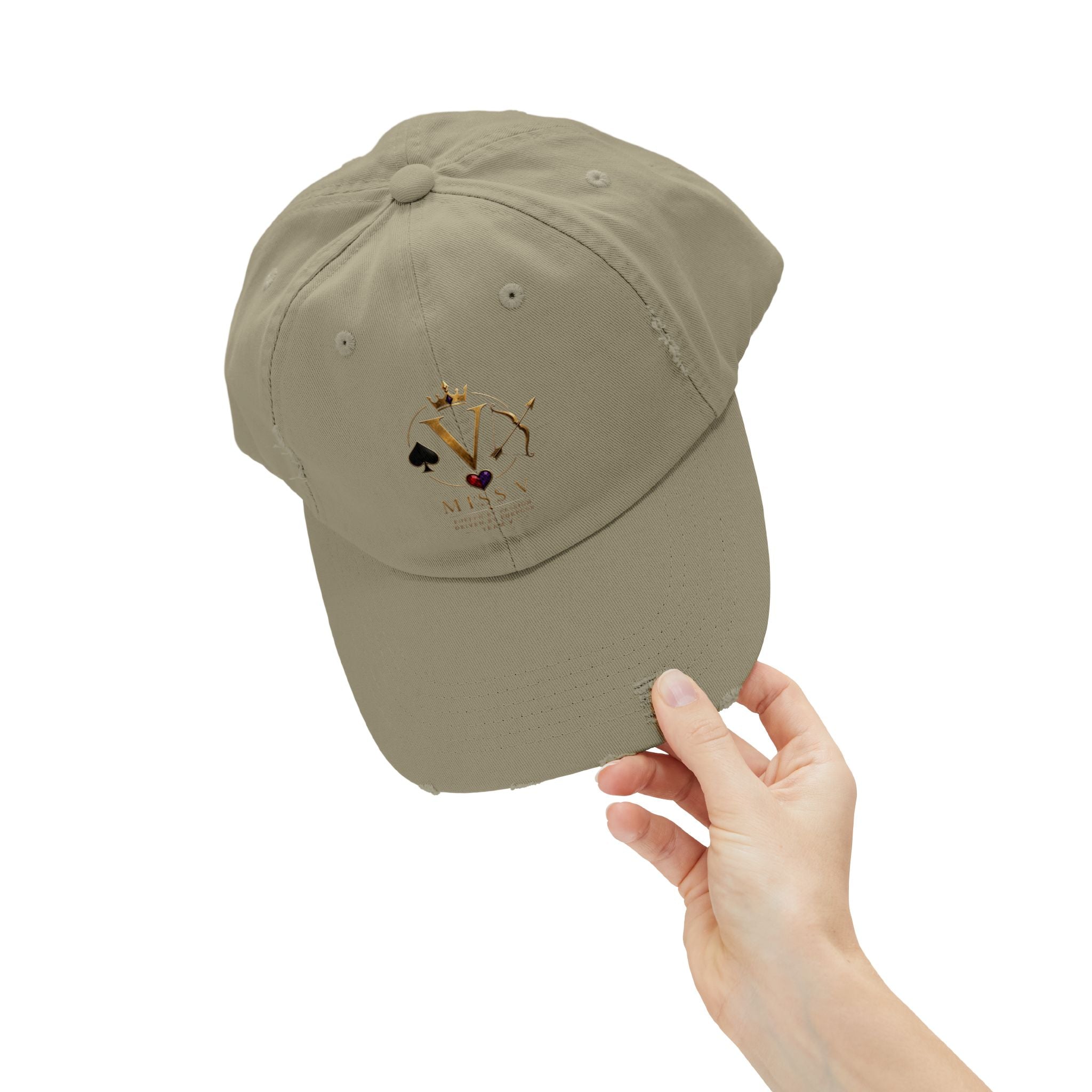 Distressed Black Cap — Miss V Crown & Card Emblem