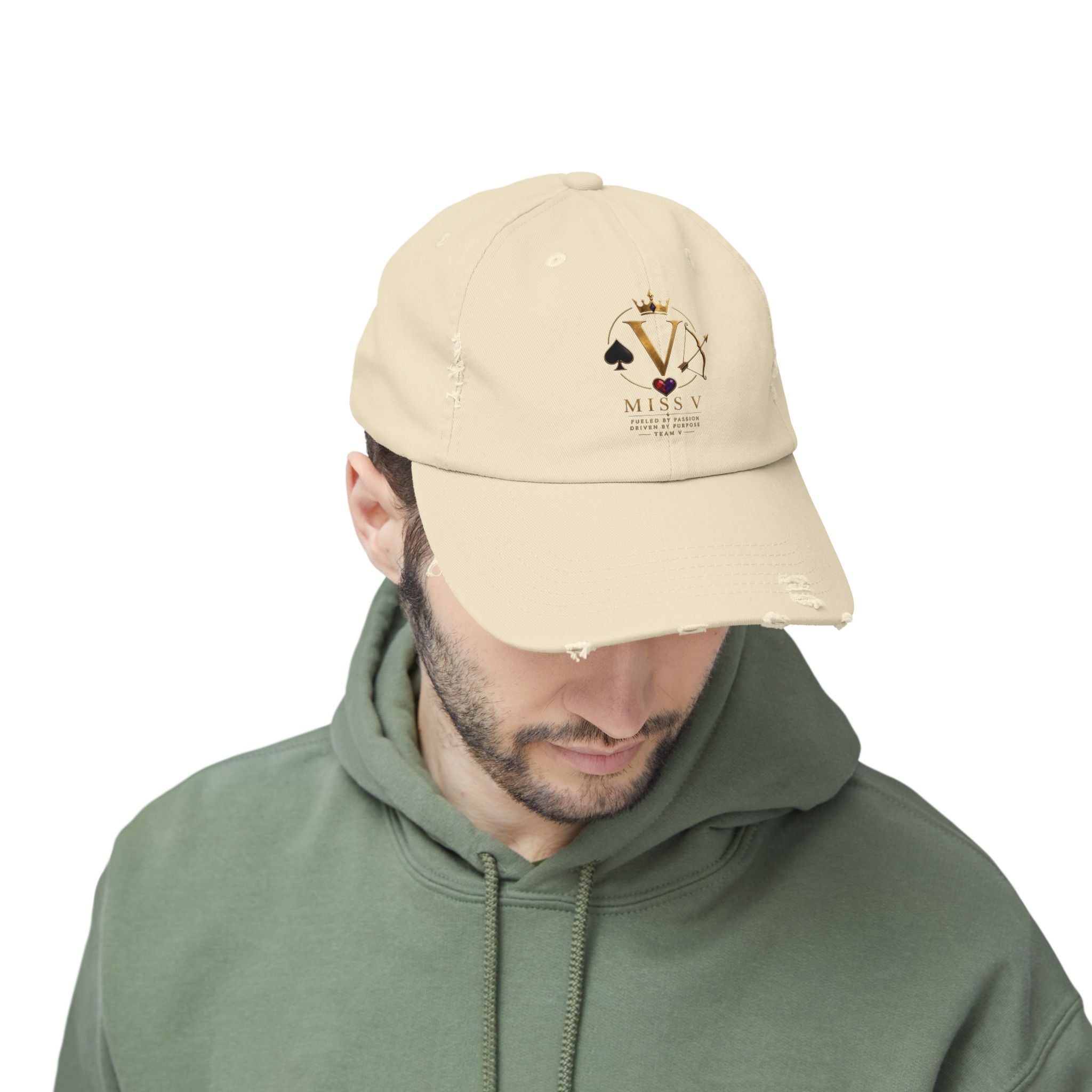 Distressed Black Cap — Miss V Crown & Card Emblem
