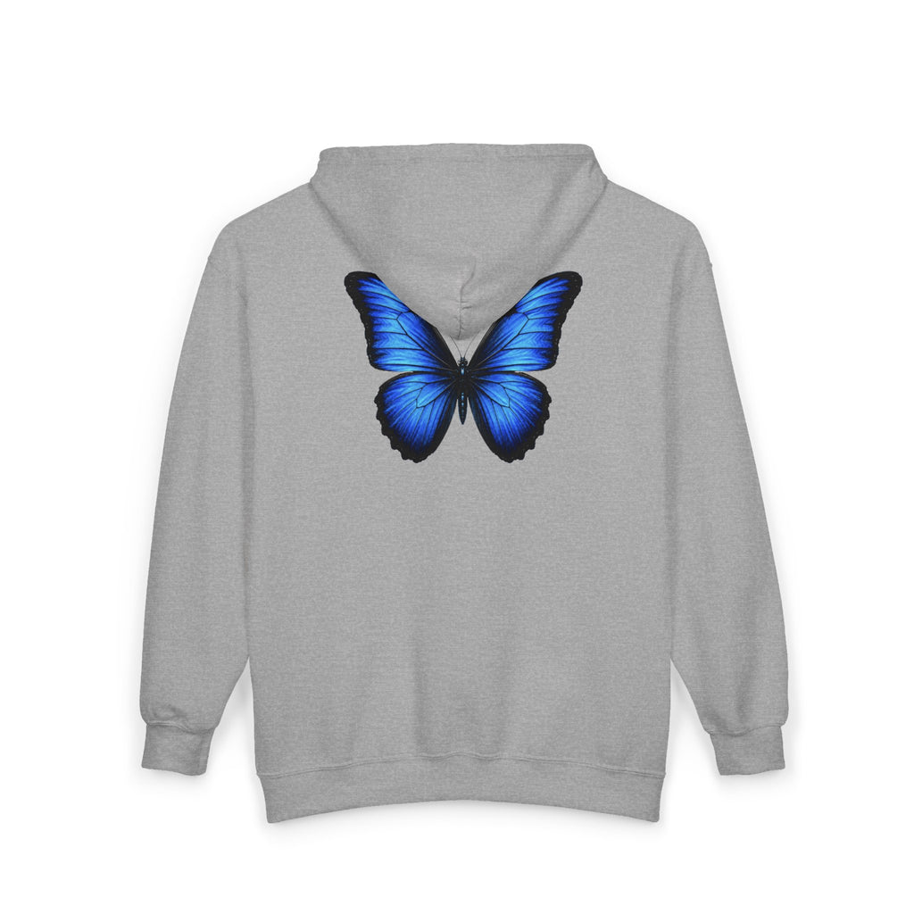 Blue Butterfly Zip Hoodie — "Team Bird" Minimal Front Logo, Vibrant Back Graphic