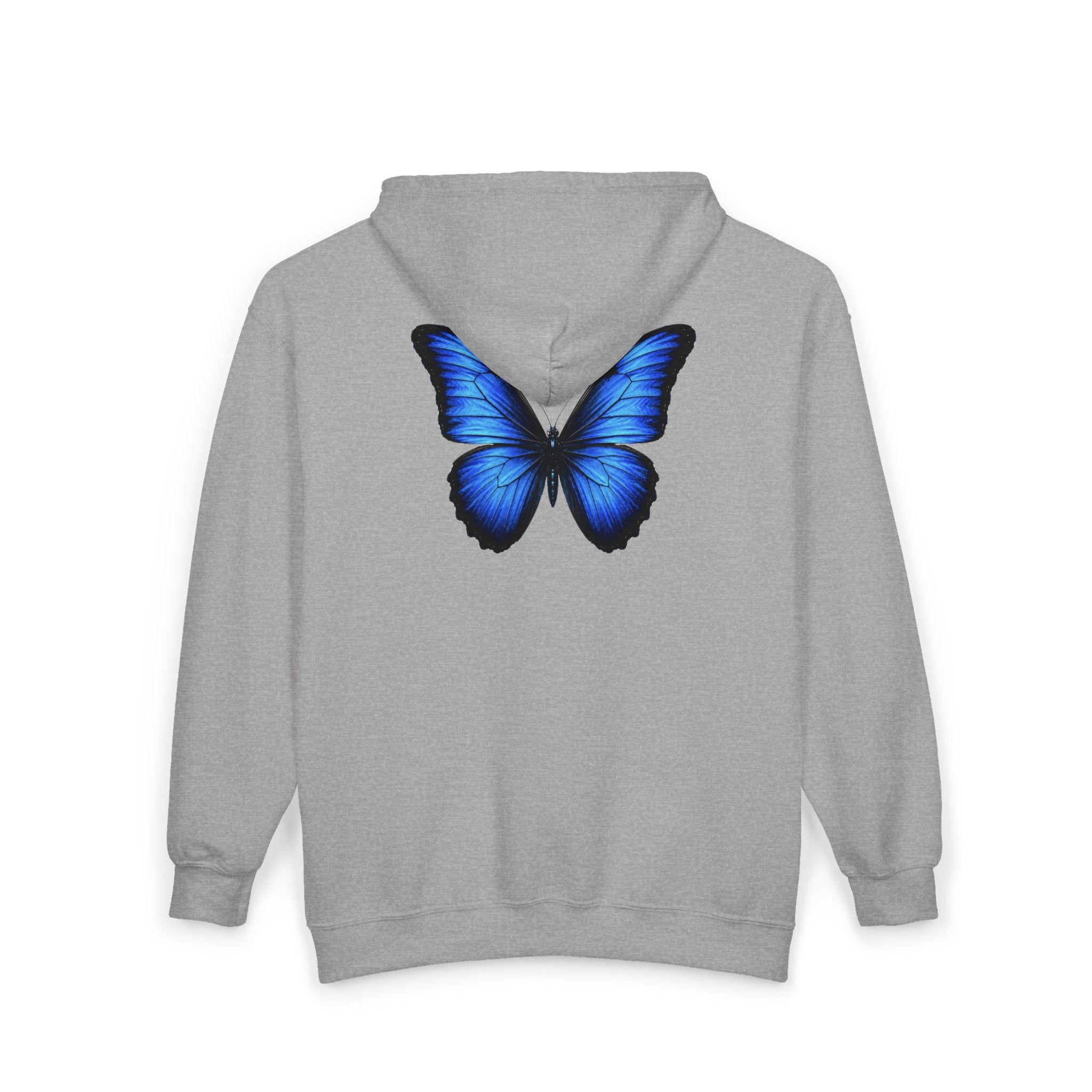Blue Butterfly Zip Hoodie — "Team Bird" Minimal Front Logo, Vibrant Back Graphic