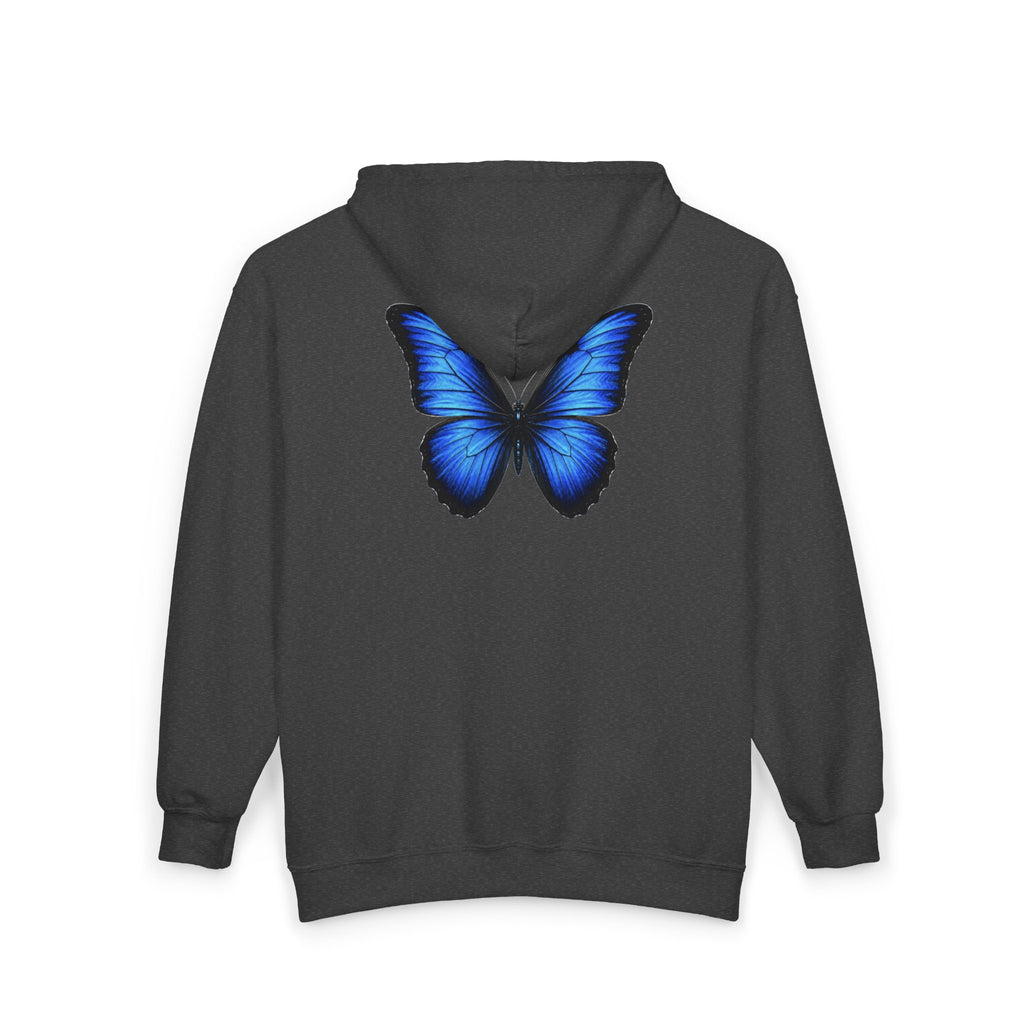Blue Butterfly Zip Hoodie — "Team Bird" Minimal Front Logo, Vibrant Back Graphic
