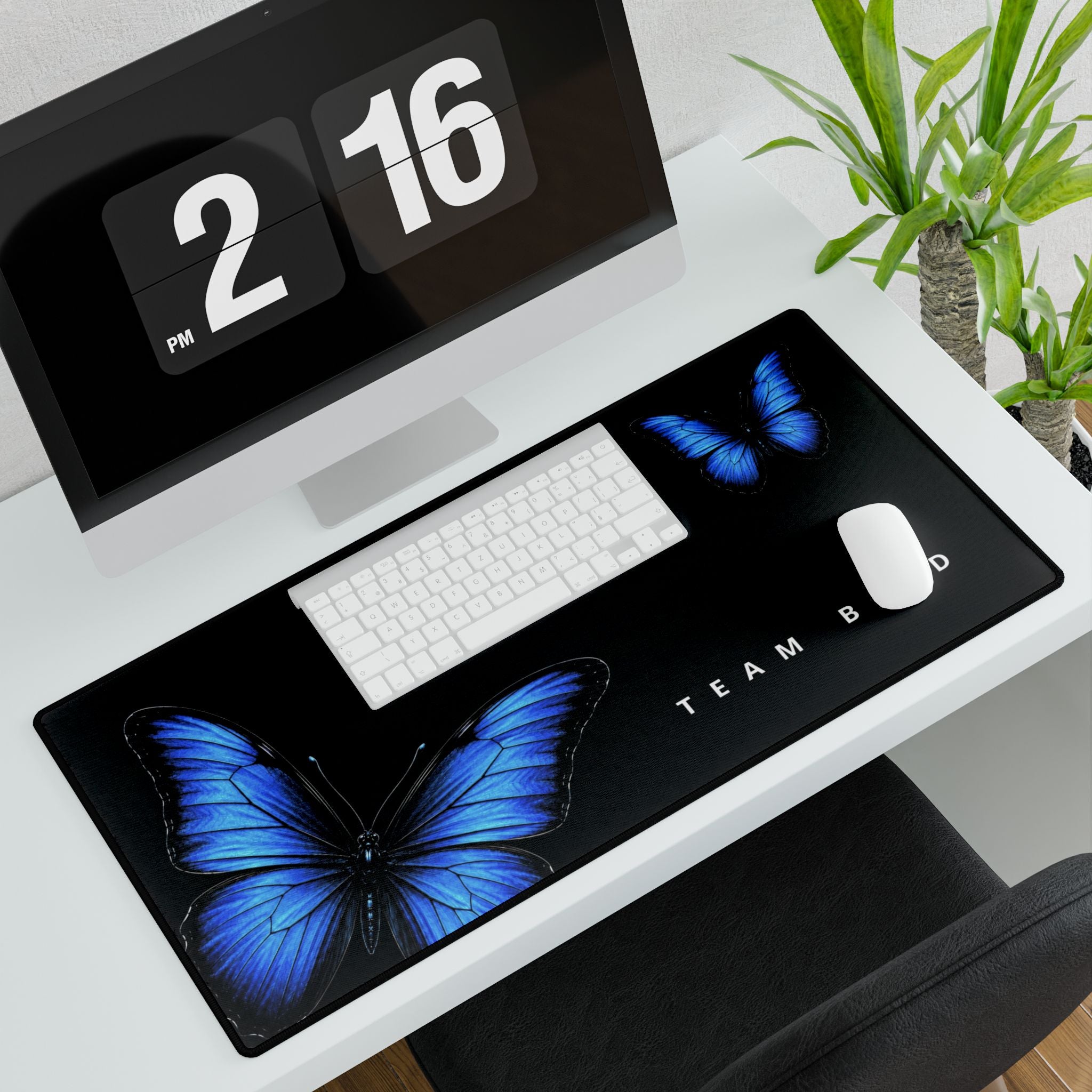Blue Butterfly Desk Mat — 'TEAM BIRD' Gaming & Office Mousepad
