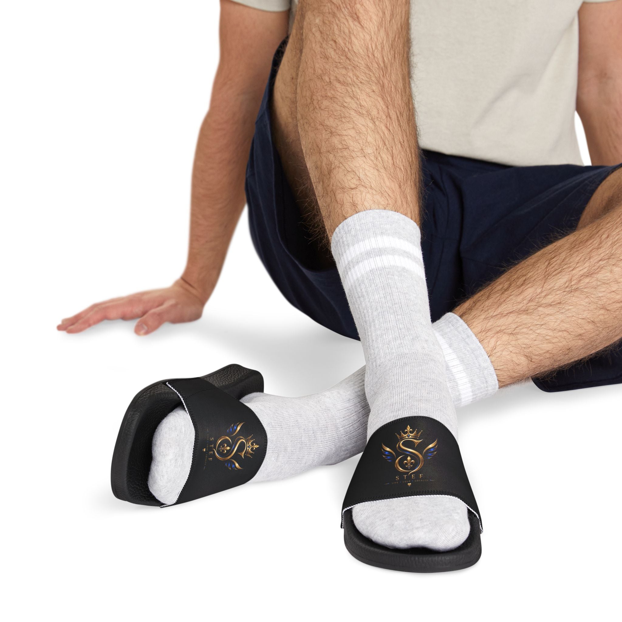 Slide Sandals — Black Strap with Gold Serpent Emblem