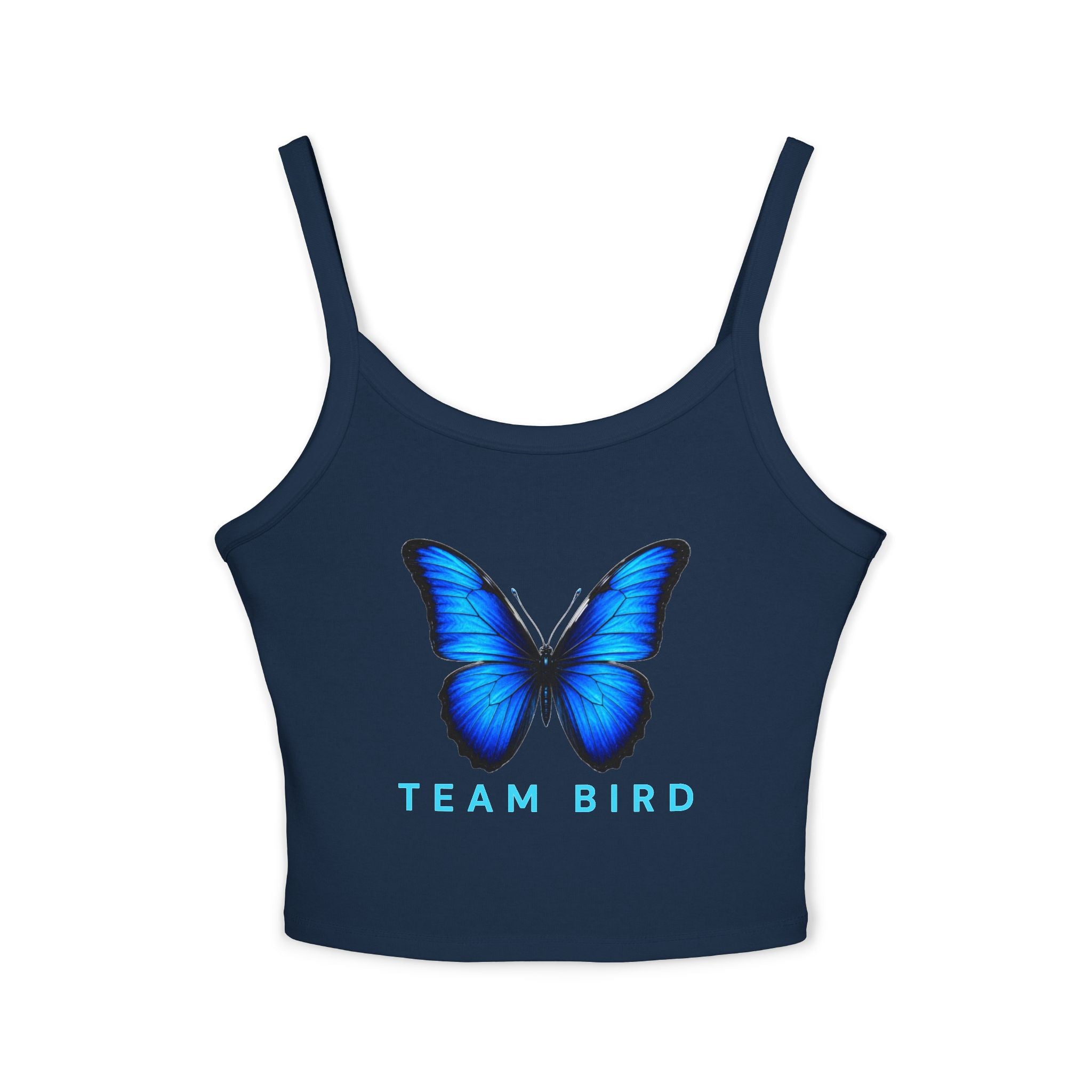Team Bird Blue Butterfly Tank Top — Women's Spaghetti Strap Crop