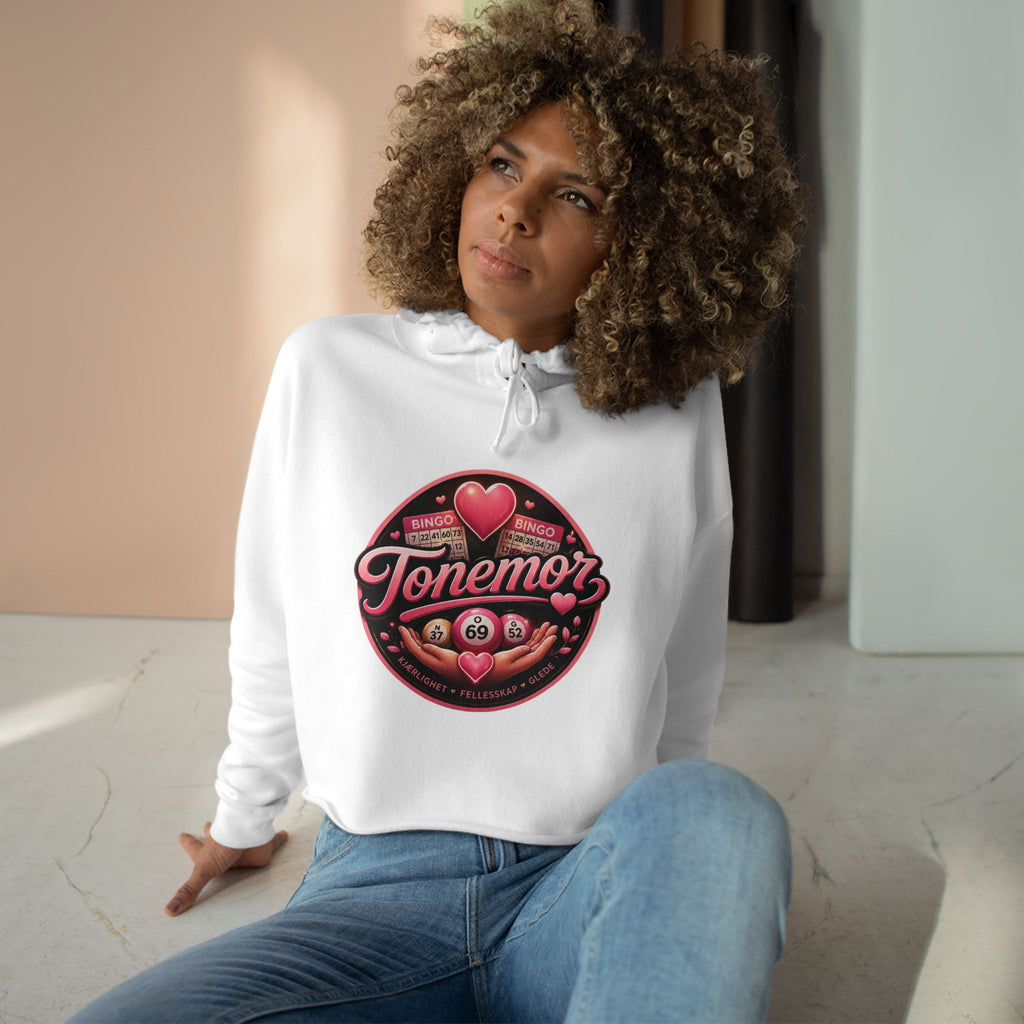 Tonemor Heart Badge Crop Hoodie — Retro Valentine Graphic Crop Hoodie