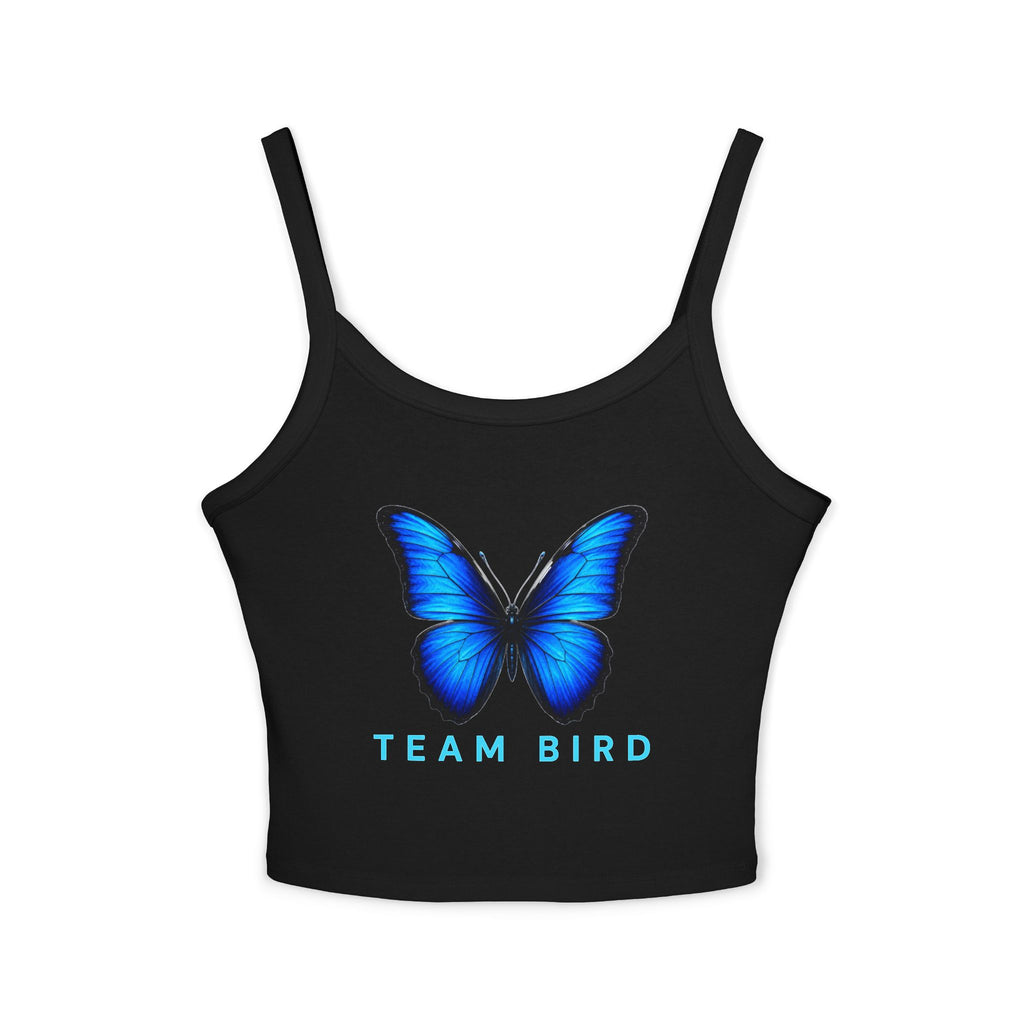 Team Bird Blue Butterfly Tank Top — Women's Spaghetti Strap Crop