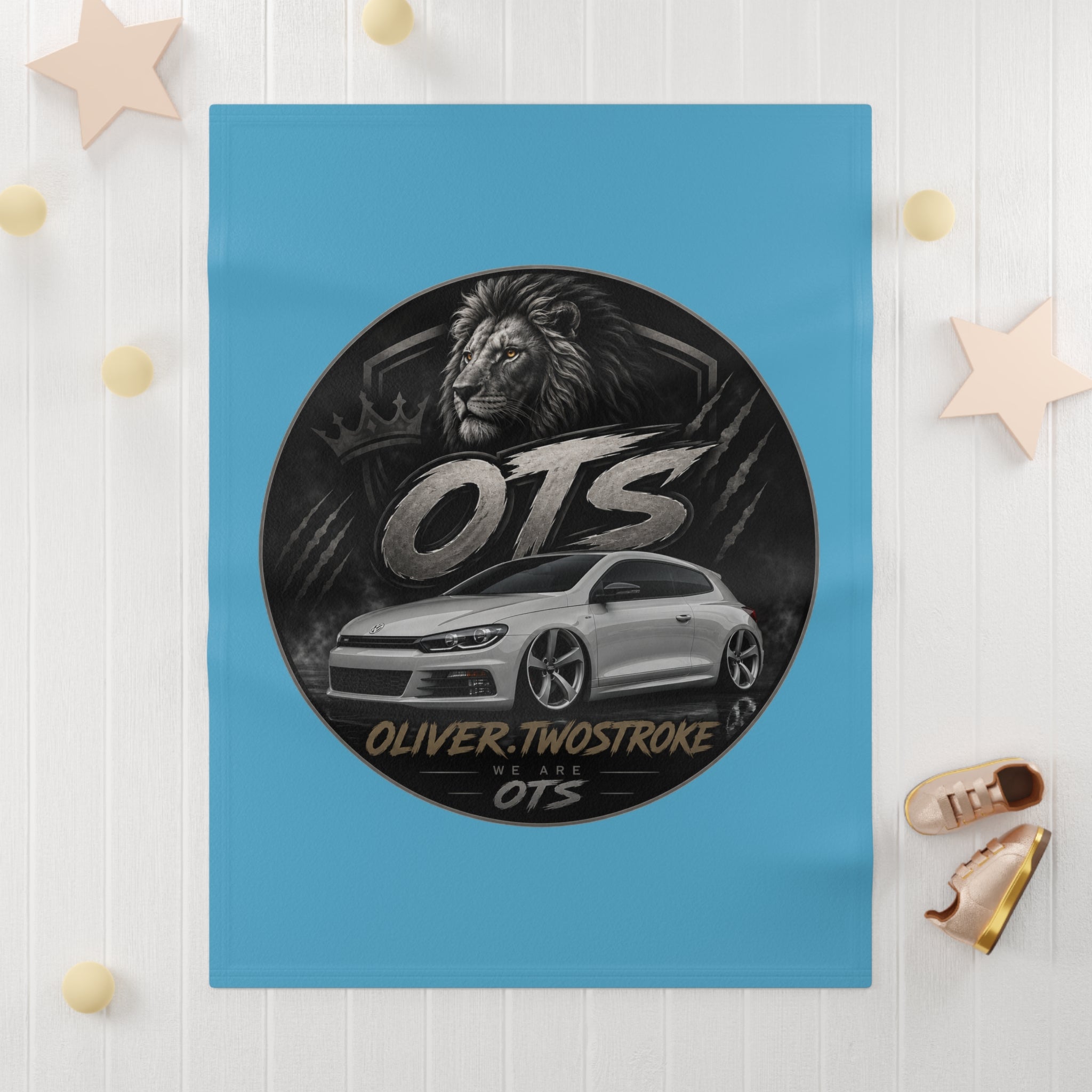 Custom OTS Lion & Car Baby Blanket - Soft Fleece Blue