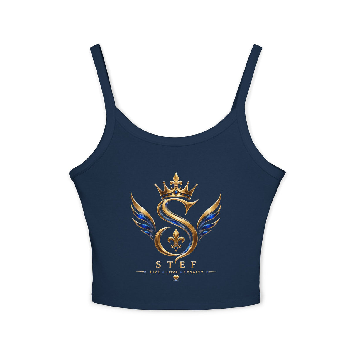 Crowned S Monogram Crop Tank Top — Gold & Blue Regal Spaghetti-Strap