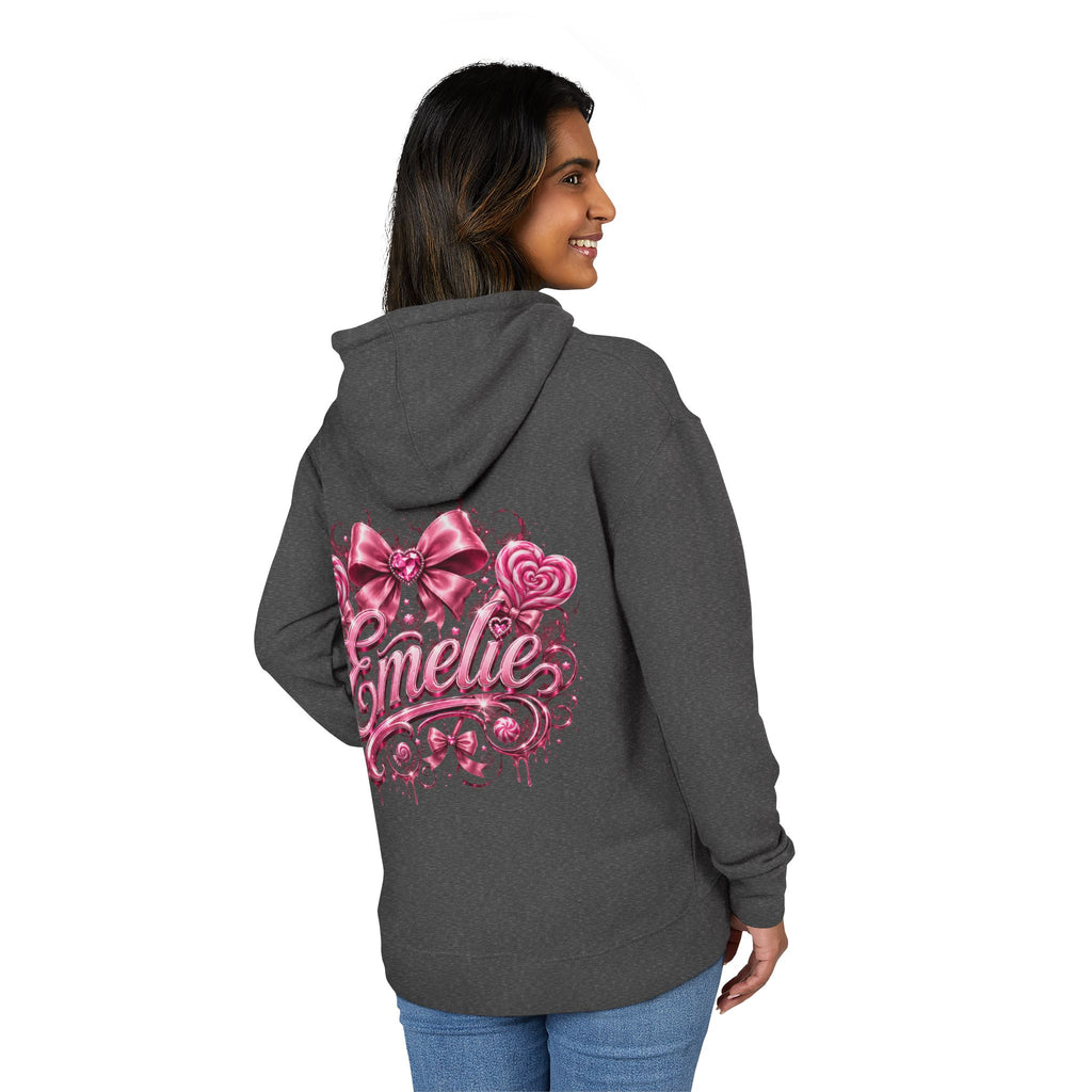 Name Personalized Hoodie — Pink Ribbon Candy Script Back Design