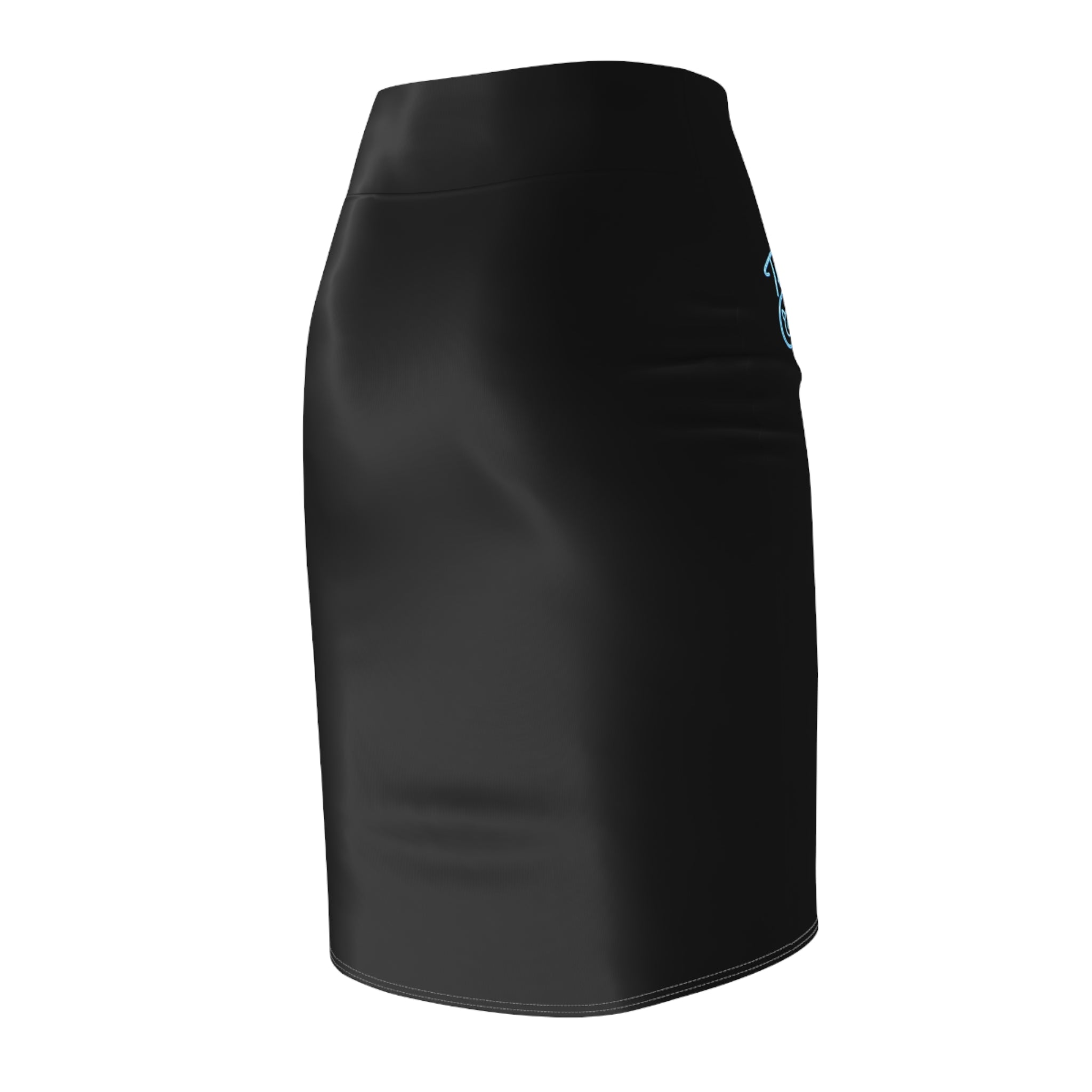 Black Pencil Skirt with Subtle Blue Script Accent - Women's Sleek Office & Evening Wear