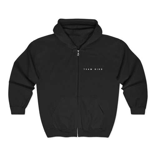 Blue Butterfly Zip Hoodie — "Team Bird" Minimal Front Logo, Vibrant Back Graphic