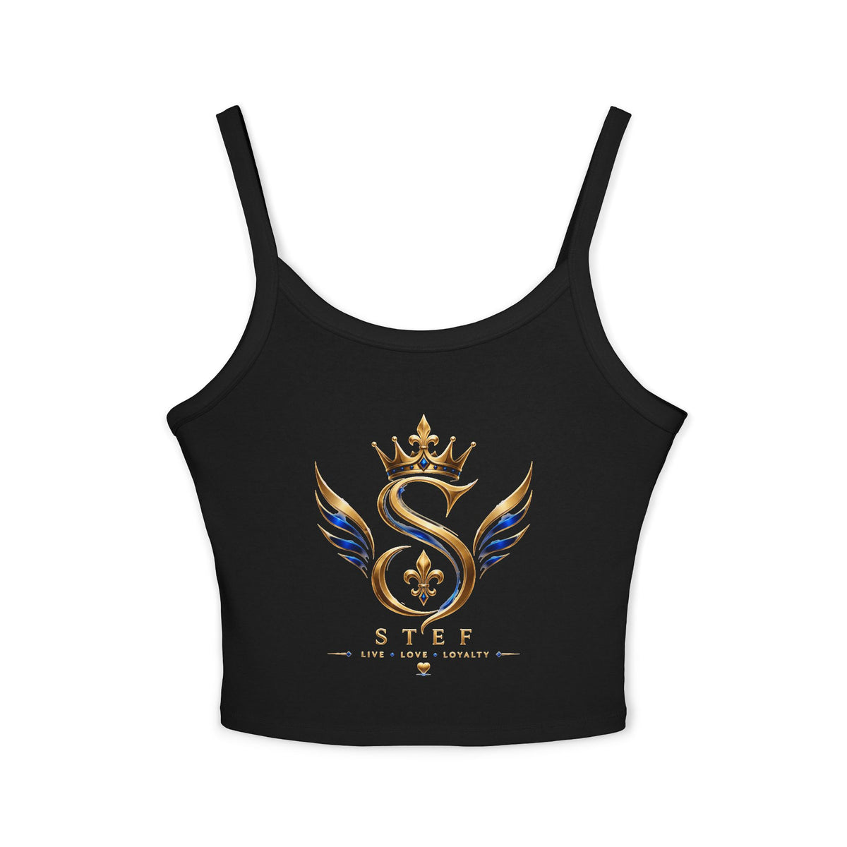 Crowned S Monogram Crop Tank Top — Gold & Blue Regal Spaghetti-Strap