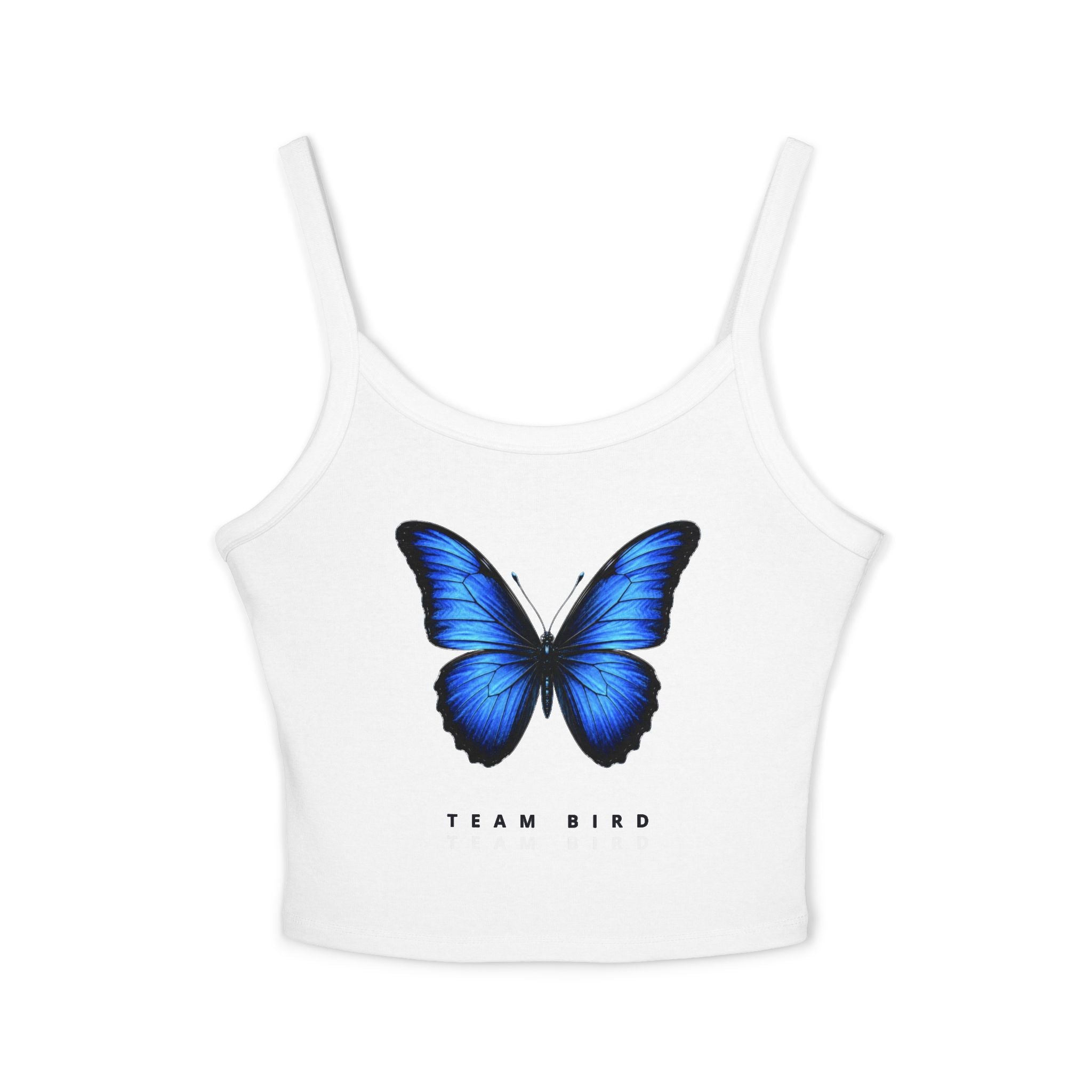 Blue Butterfly Crop Tank — "Team Bird" Women's Spaghetti Strap Top