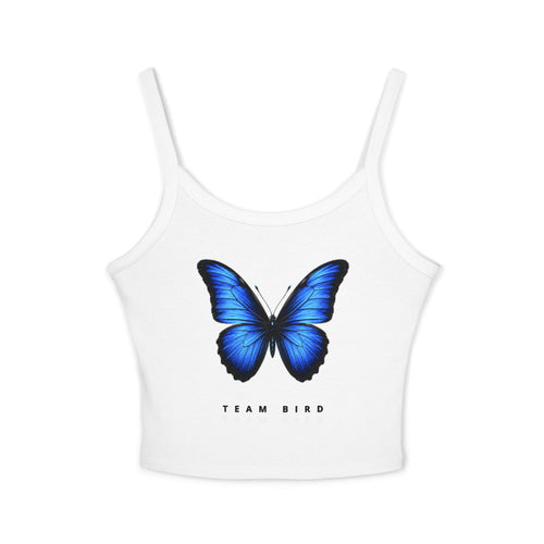 Blue Butterfly Crop Tank — "Team Bird" Women's Spaghetti Strap Top