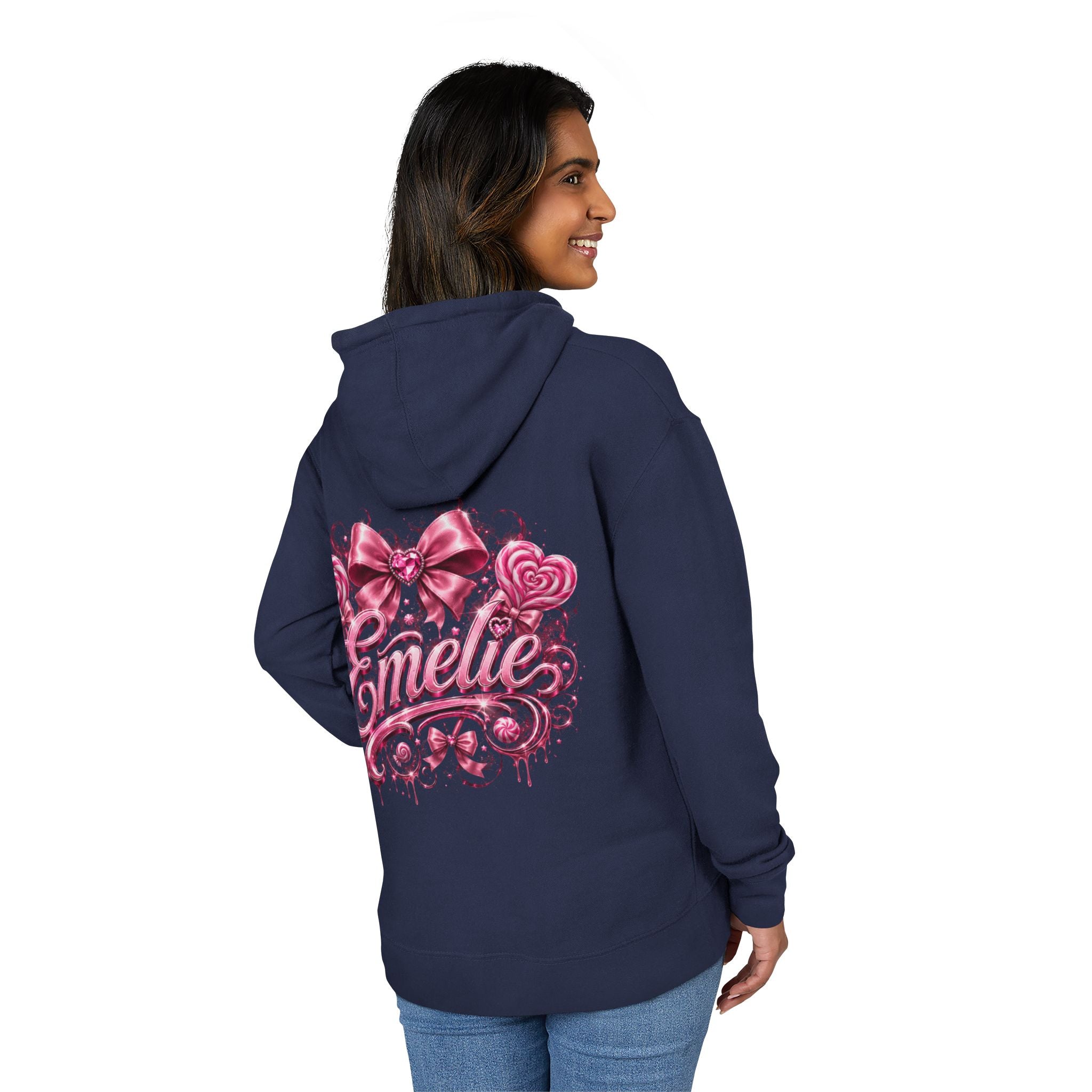 Name Personalized Hoodie — Pink Ribbon Candy Script Back Design