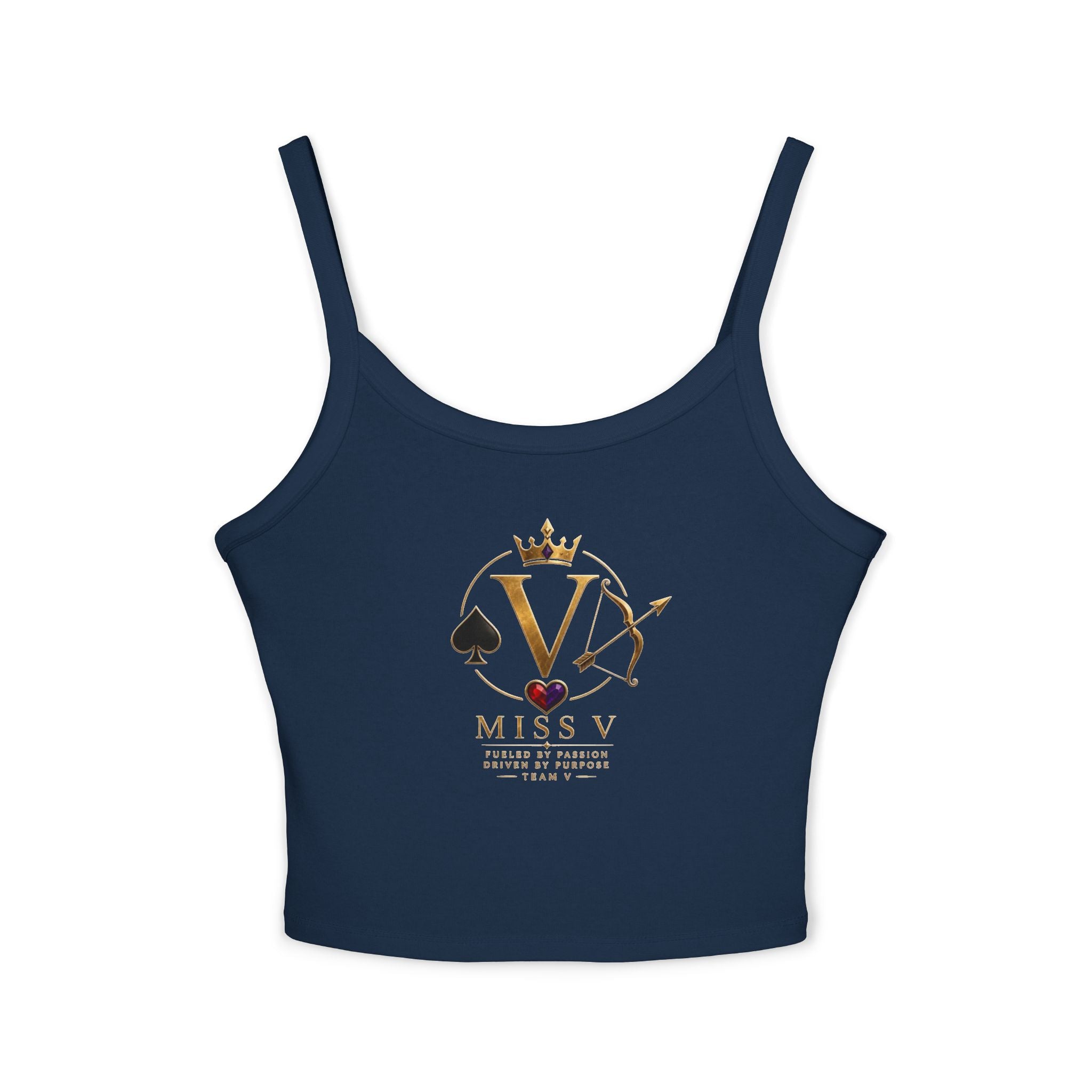 Spaghetti Tank Top — "Miss V" Gold Crown Playing Card Logo Crop