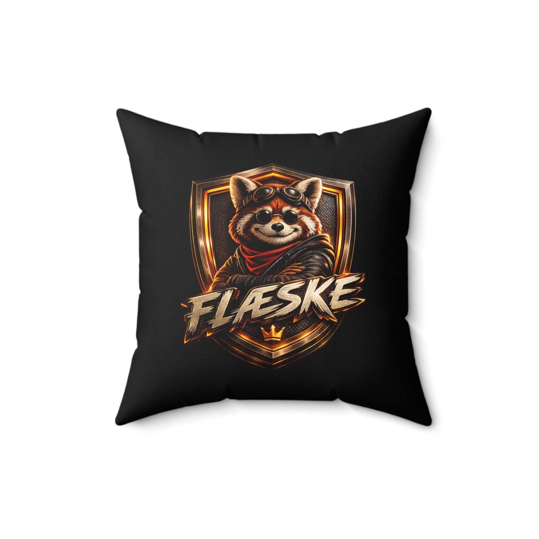 Red Panda Crest Throw Pillow — 'FLÆSKE' Gaming Emblem Accent Pillow