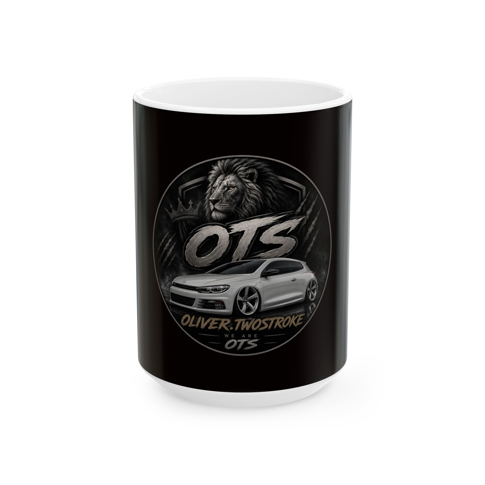 OTS Lion Car Ceramic Mug — Oliver TwoStroke 11oz/15oz Coffee Cup