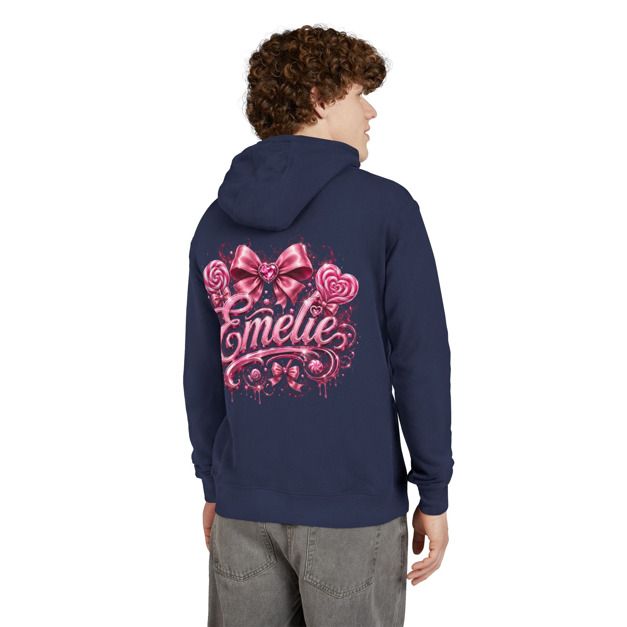Name Personalized Hoodie — Pink Ribbon Candy Script Back Design
