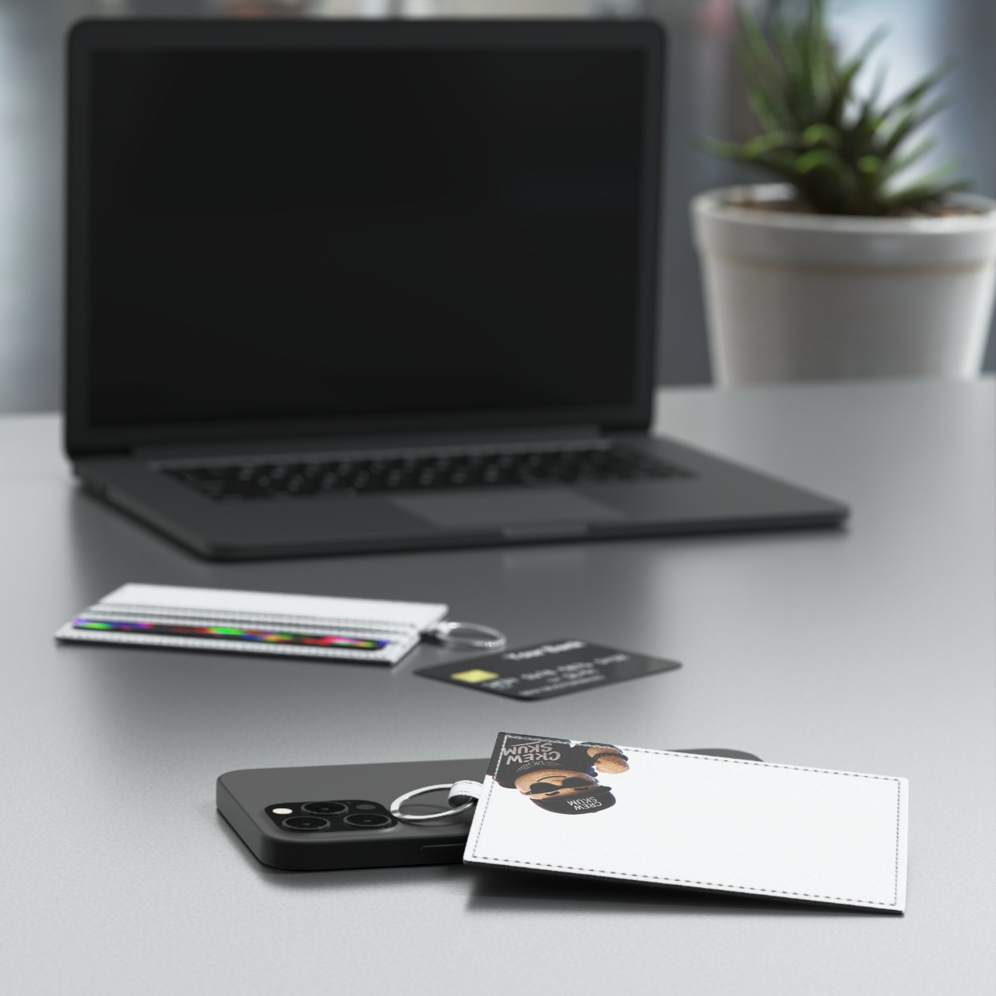 Saffiano Leather Card Holder — 'Crew Skum' Bear ID Wallet with Key Ring
