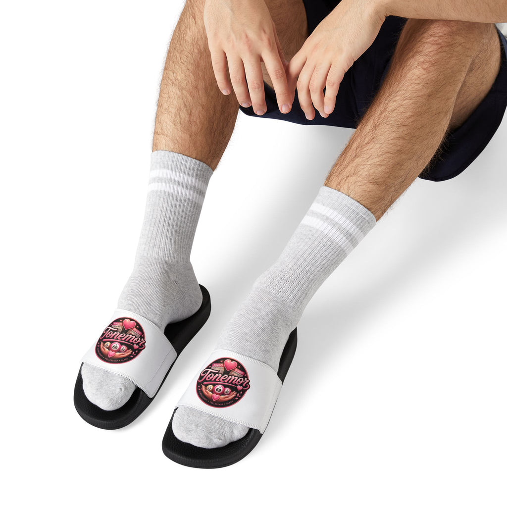 Slide Sandals — White Removable-Strap Slides with Pink 'Jammin' Heart' Logo