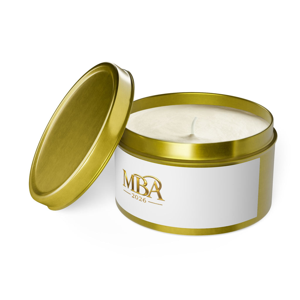 MBA 2026 Gold Logo Tin Candle — Luxury Scented Gift