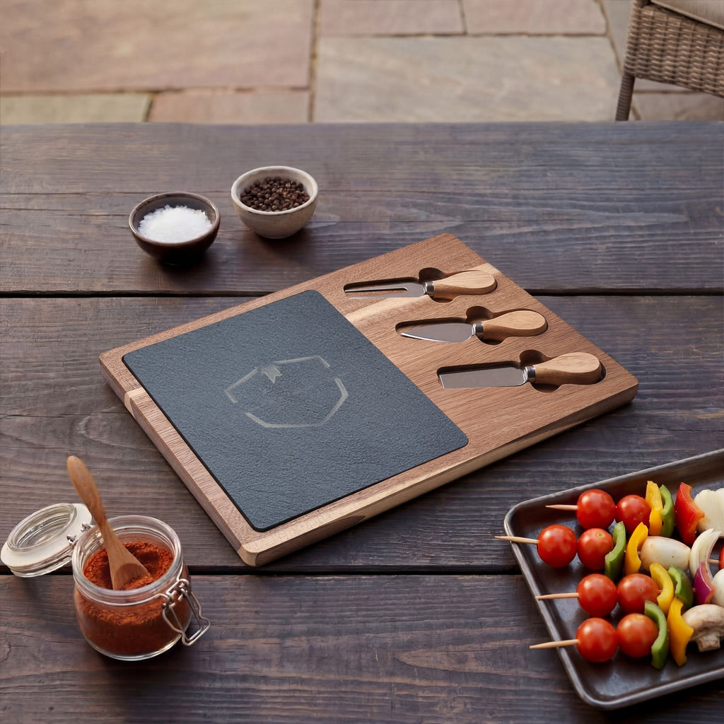 Engraved Acacia Charcuterie Board with Slate Insert & Cheese Knives