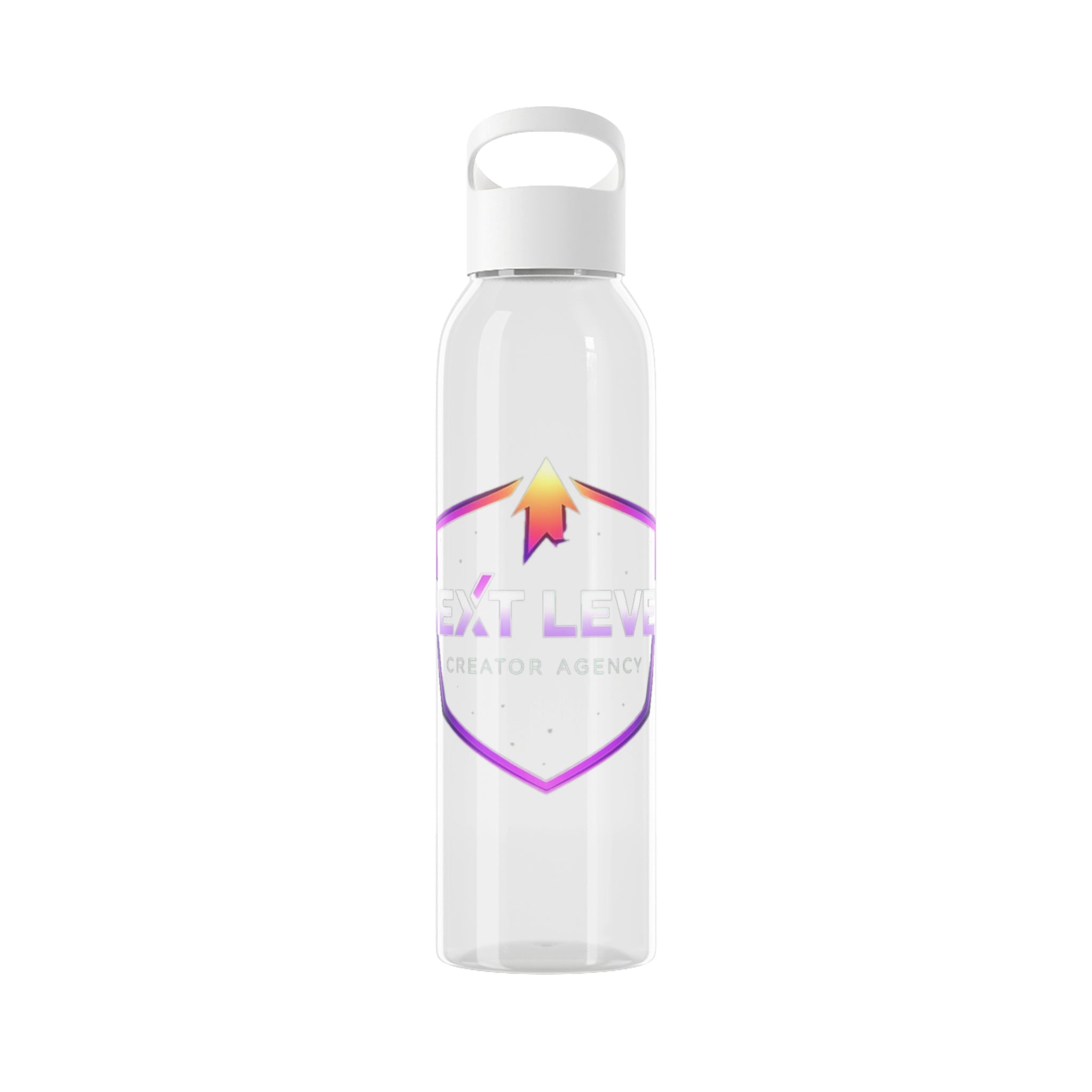 Sky Water Bottle — Clear Bottle with Gradient Arrow Logo (Next Level Creator Agency)