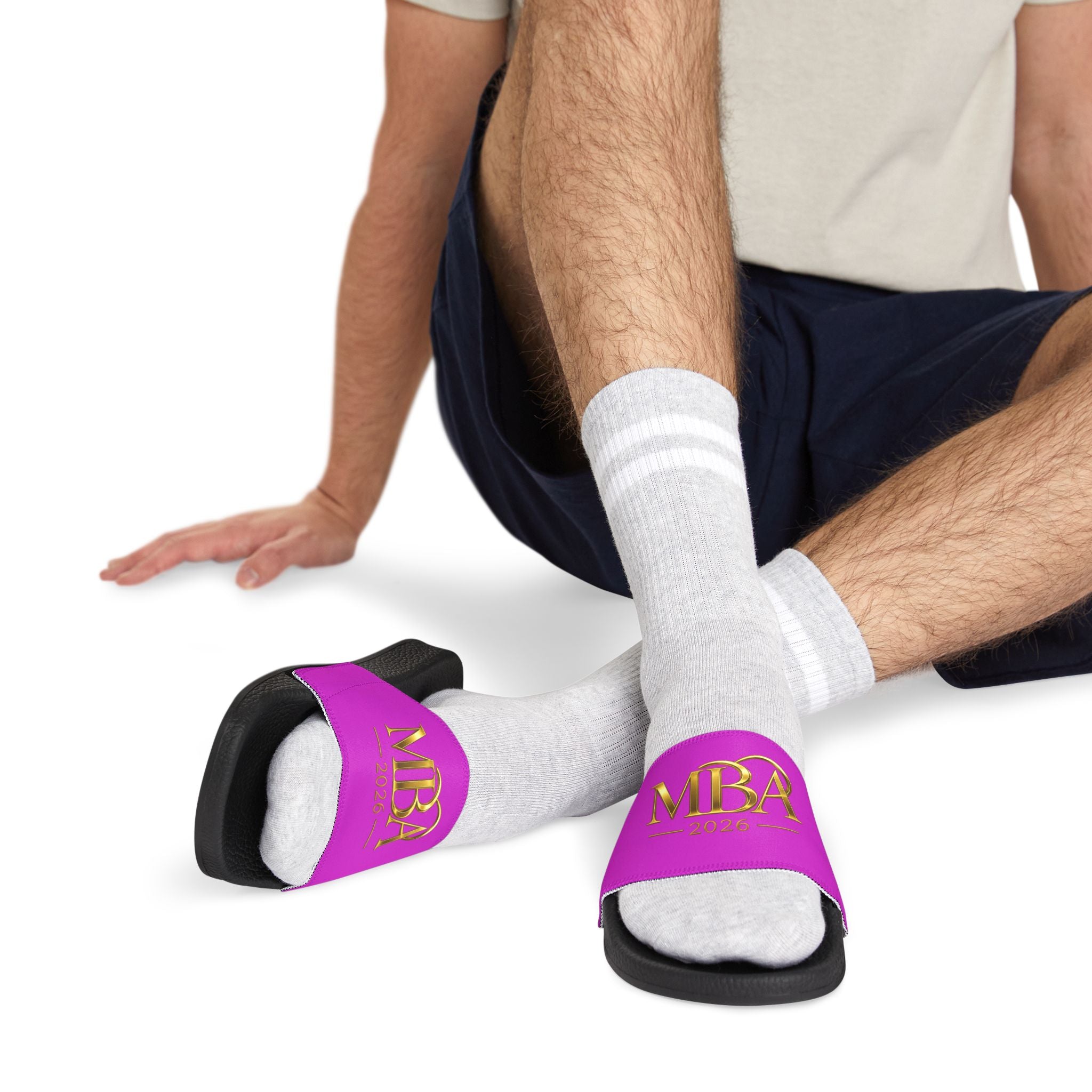Slide Sandals — Purple 'MBA 2026' Removable‑Strap Pool Slides for Men