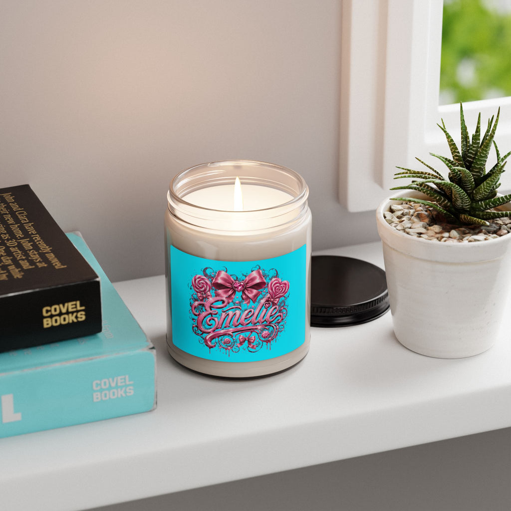 Personalized 9oz Soy Candle — "Emelie" Pink Bow & Candy Floral Design