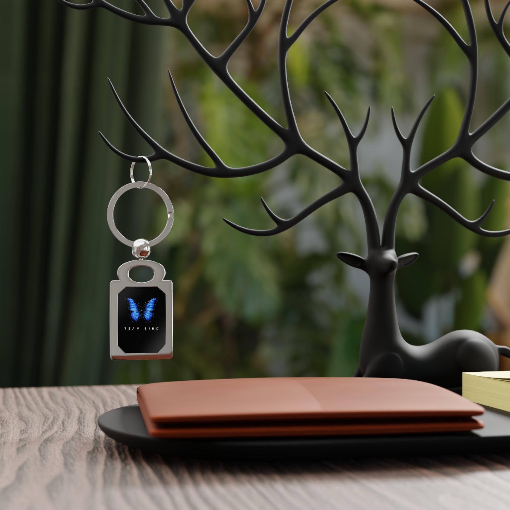 Rectangle Photo Keyring — Blue Butterfly 'Team Bird' Metal Keychain