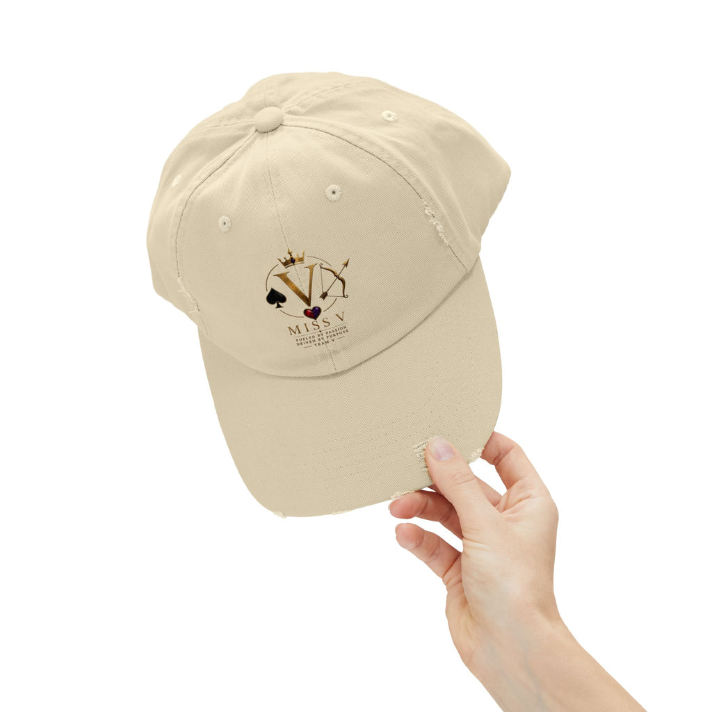Distressed Black Cap — Miss V Crown & Card Emblem