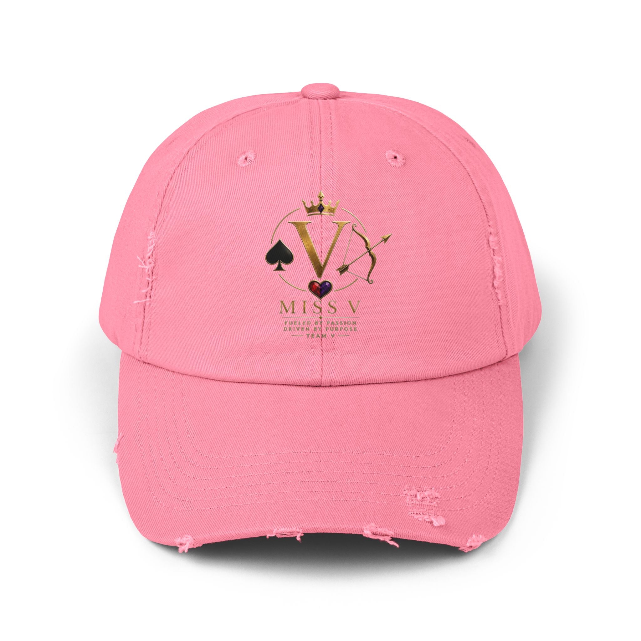 Distressed Black Cap — Miss V Crown & Card Emblem