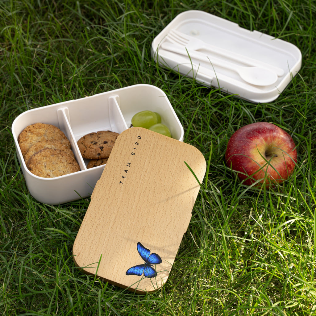 Wood Grain Bento Lunch Box with Blue Butterfly Accent