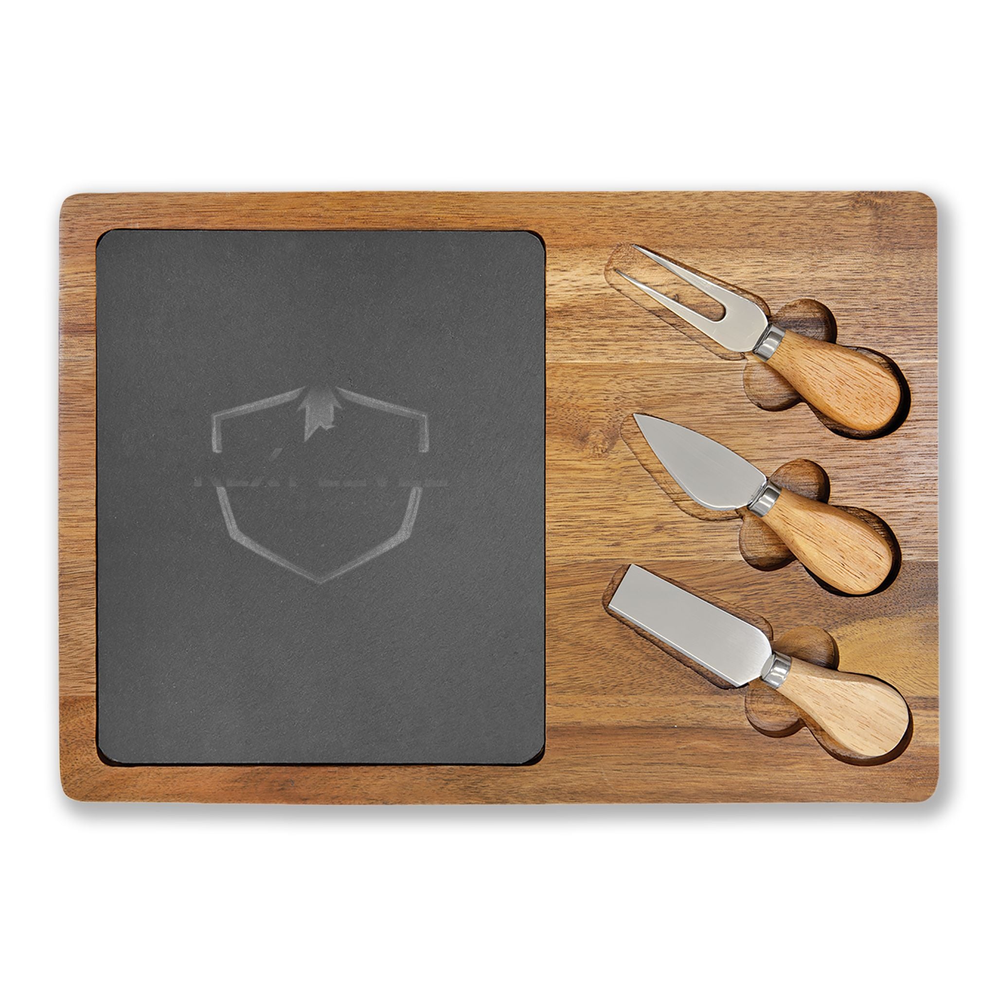 Engraved Acacia Charcuterie Board with Slate Insert & Cheese Knives