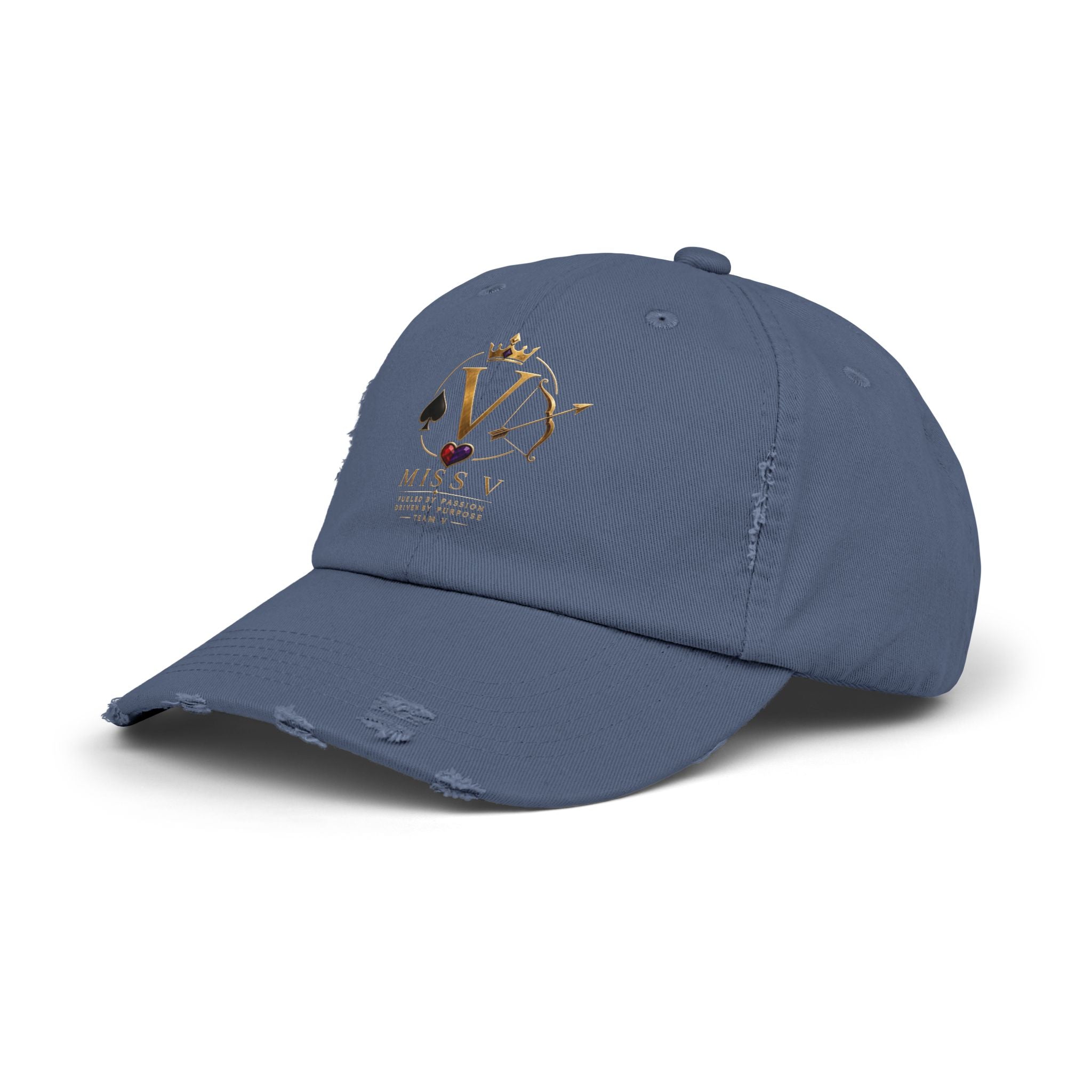 Distressed Black Cap — Miss V Crown & Card Emblem