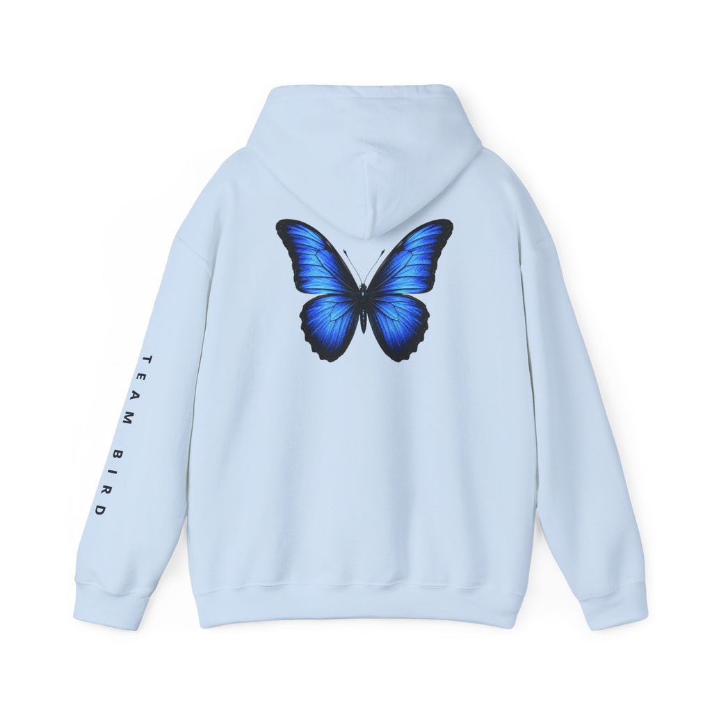 Butterfly Hoodie — "Team Bird" Blue Butterfly Graphic Hooded Sweatshirt