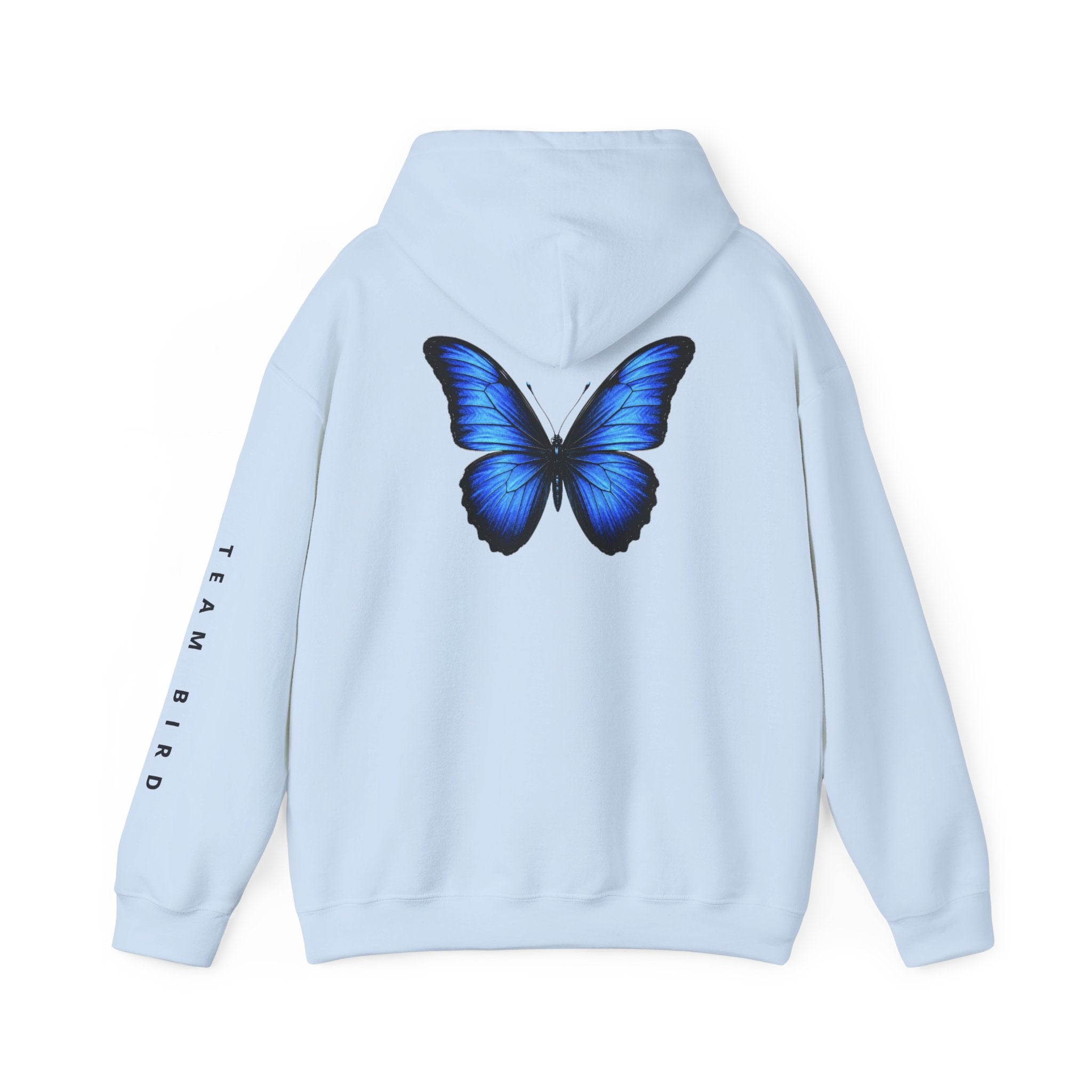 Butterfly Hoodie — "Team Bird" Blue Butterfly Graphic Hooded Sweatshirt