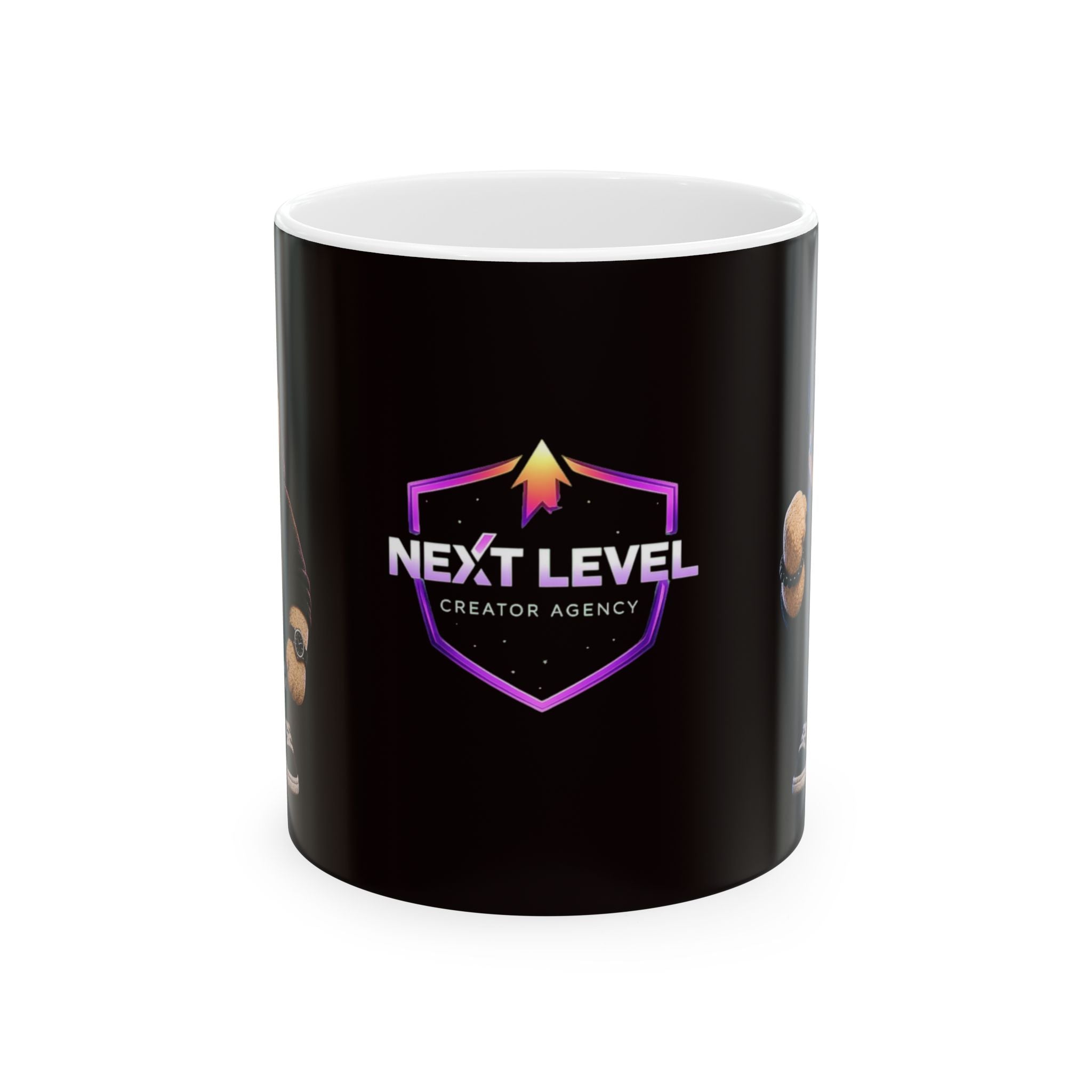 Next Level Creator Agency Logo Ceramic Mug — Black Branded Coffee Cup (11oz, 15oz)