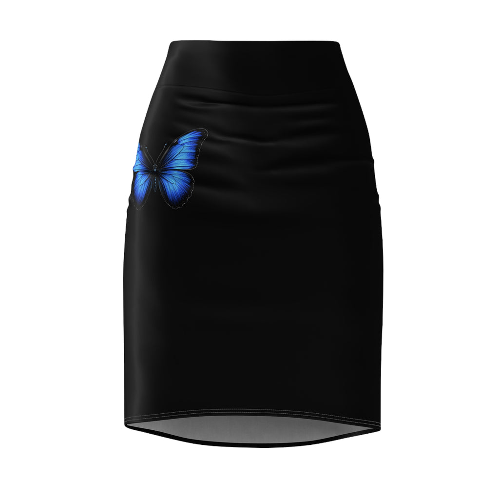 Blue Butterfly Black Pencil Skirt — Women's Elegant AOP Skirt