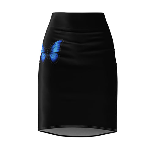 Blue Butterfly Black Pencil Skirt — Women's Elegant AOP Skirt