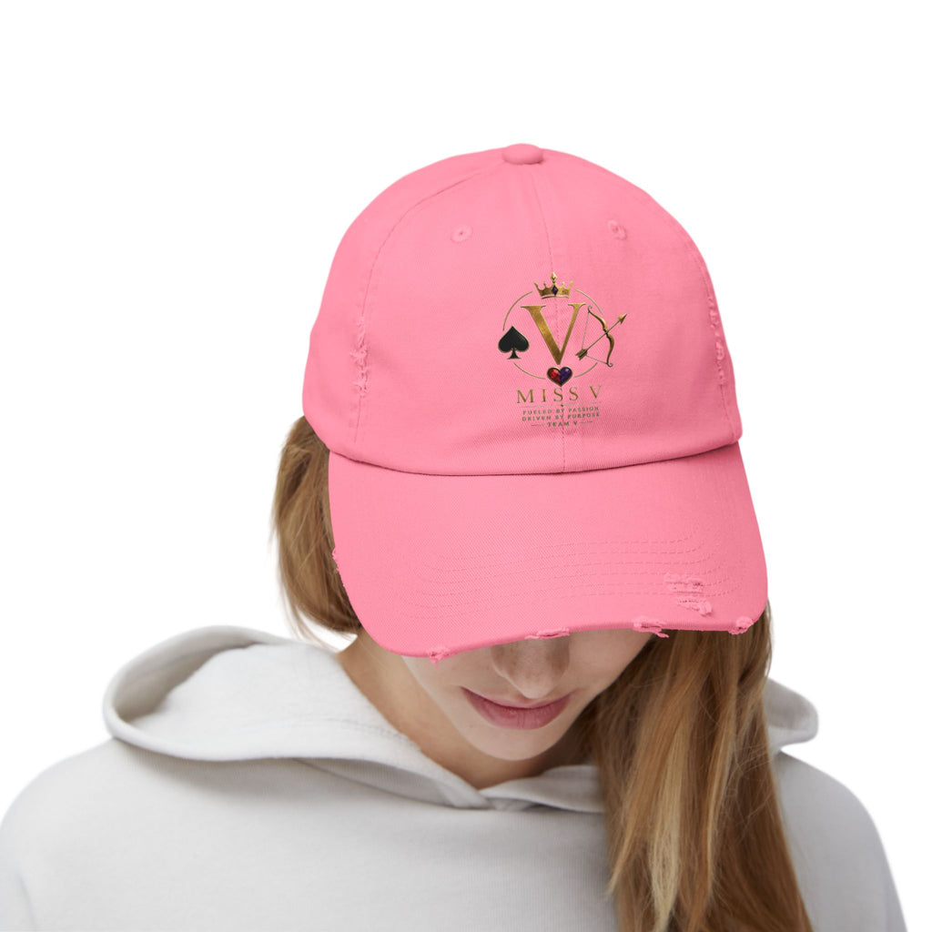 Distressed Black Cap — Miss V Crown & Card Emblem