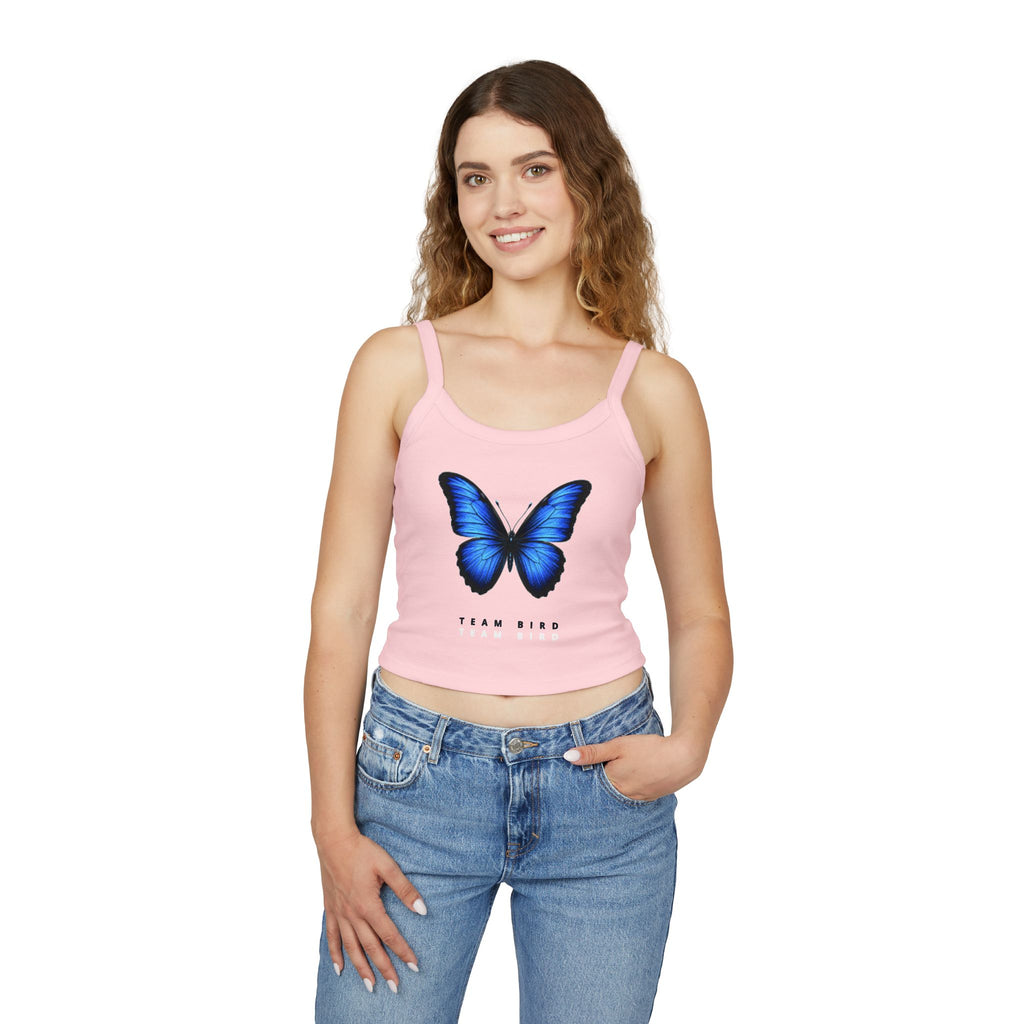 Blue Butterfly Crop Tank — "Team Bird" Women's Spaghetti Strap Top