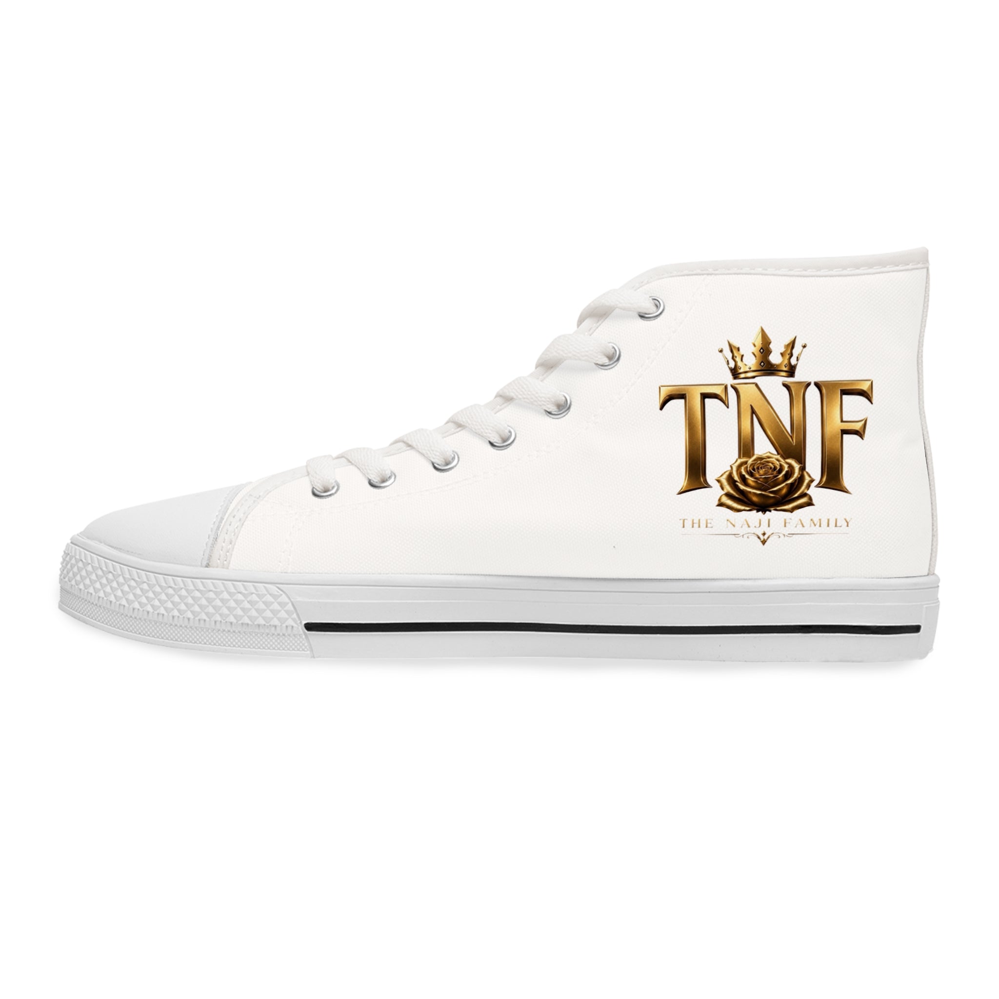 High Top Sneakers — "Divine" Gold Script Rose Graphic