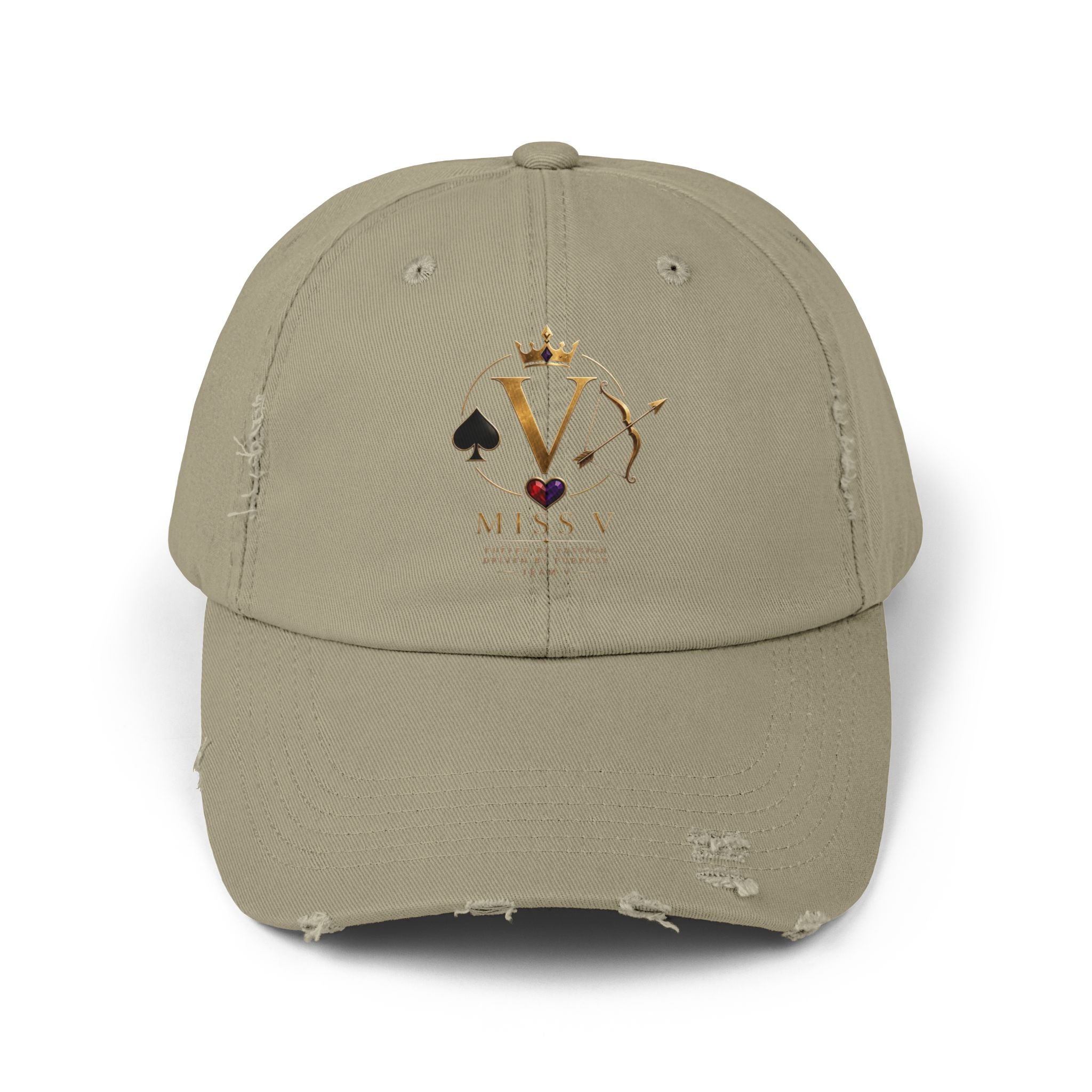 Distressed Black Cap — Miss V Crown & Card Emblem